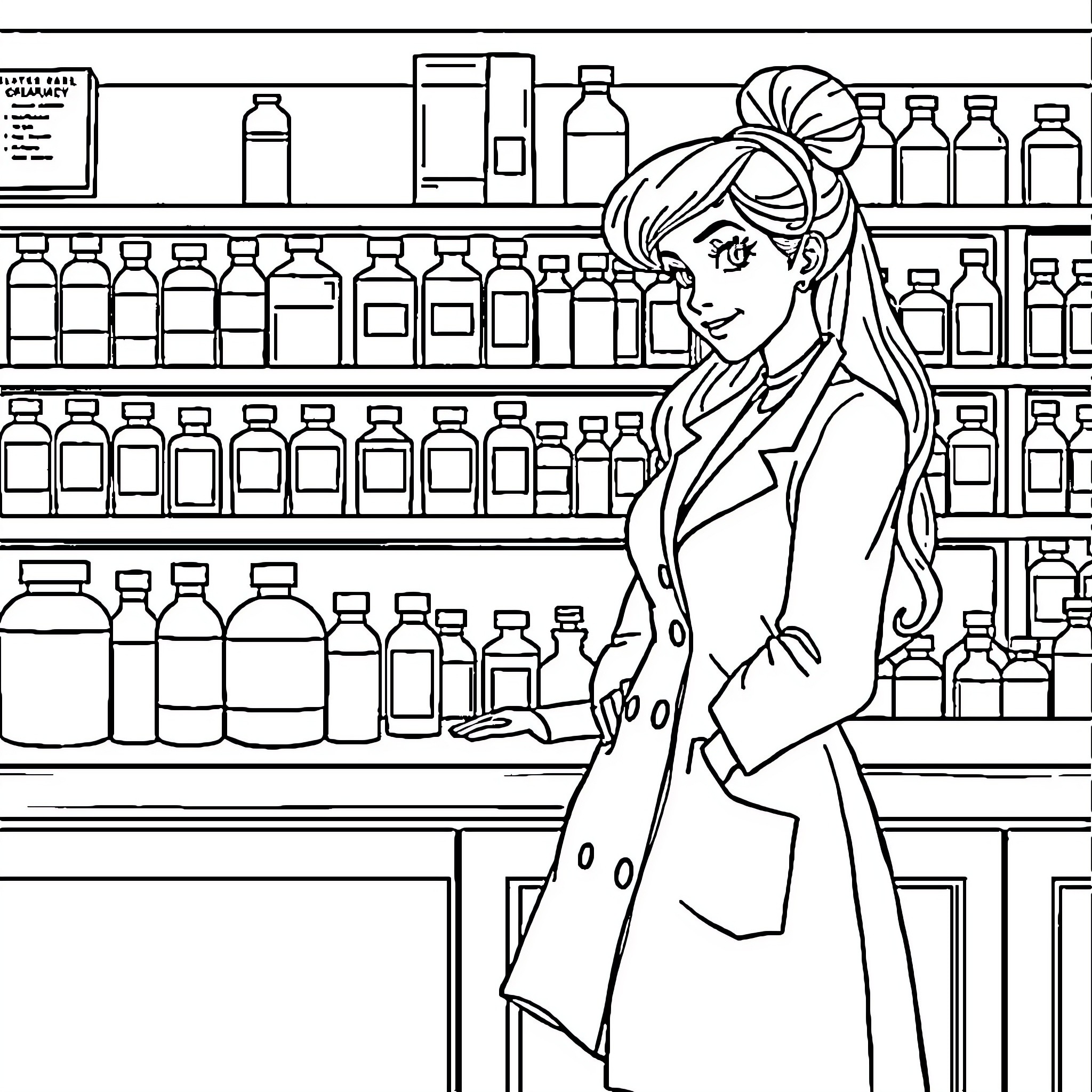 Cinderella's Pharmacy Adventure Coloring Page (free black-and-white line drawing printable PDF for all, from beginners to advanced learners, including children, teens, adults, and seniors)