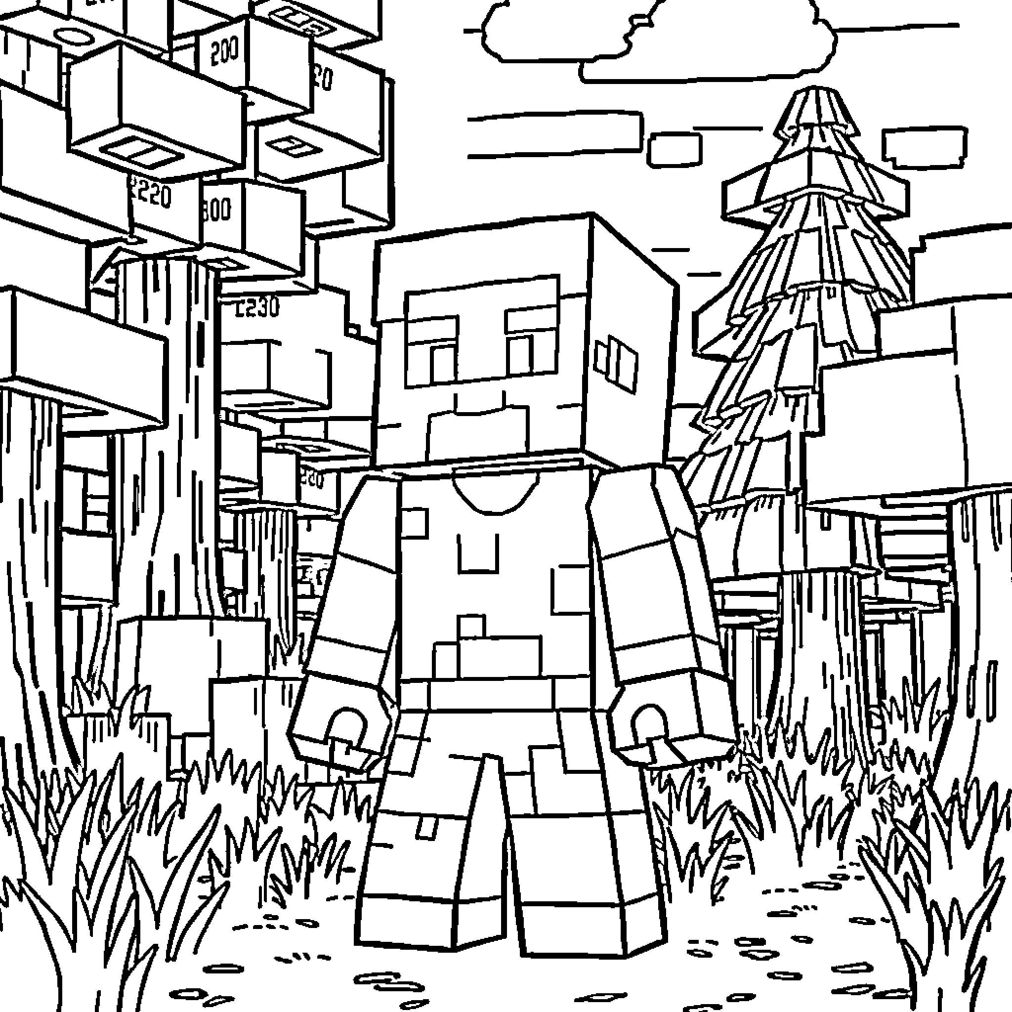 Steve's Blocky Adventure in the Enchanted Forest Coloring Page (free black-and-white line drawing printable PDF for all, from beginners to advanced learners, including children, teens, adults, and seniors)
