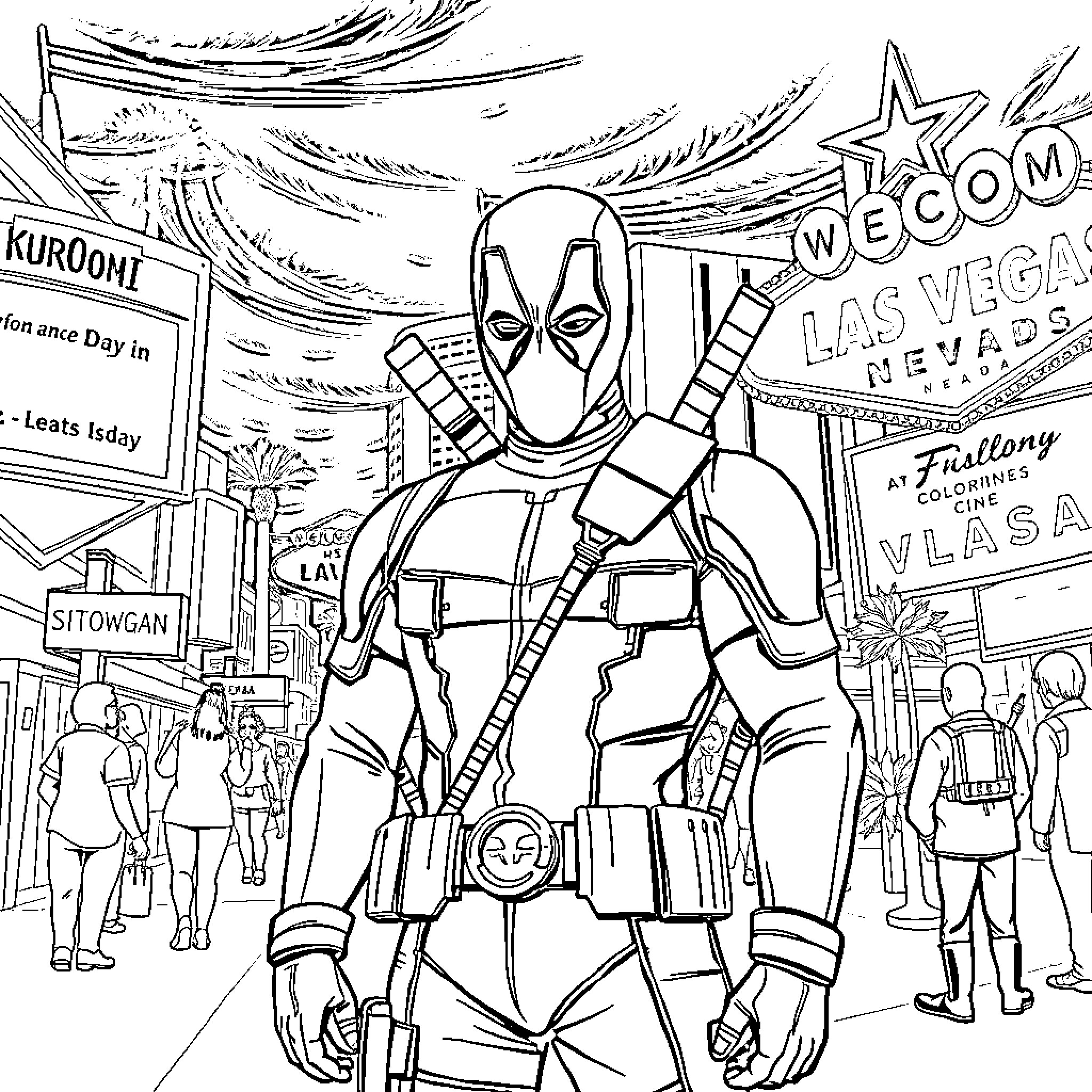Kuromi explores the lively Las Vegas streets Coloring Page (free black-and-white line drawing printable PDF for all, from beginners to advanced learners, including children, teens, adults, and seniors)