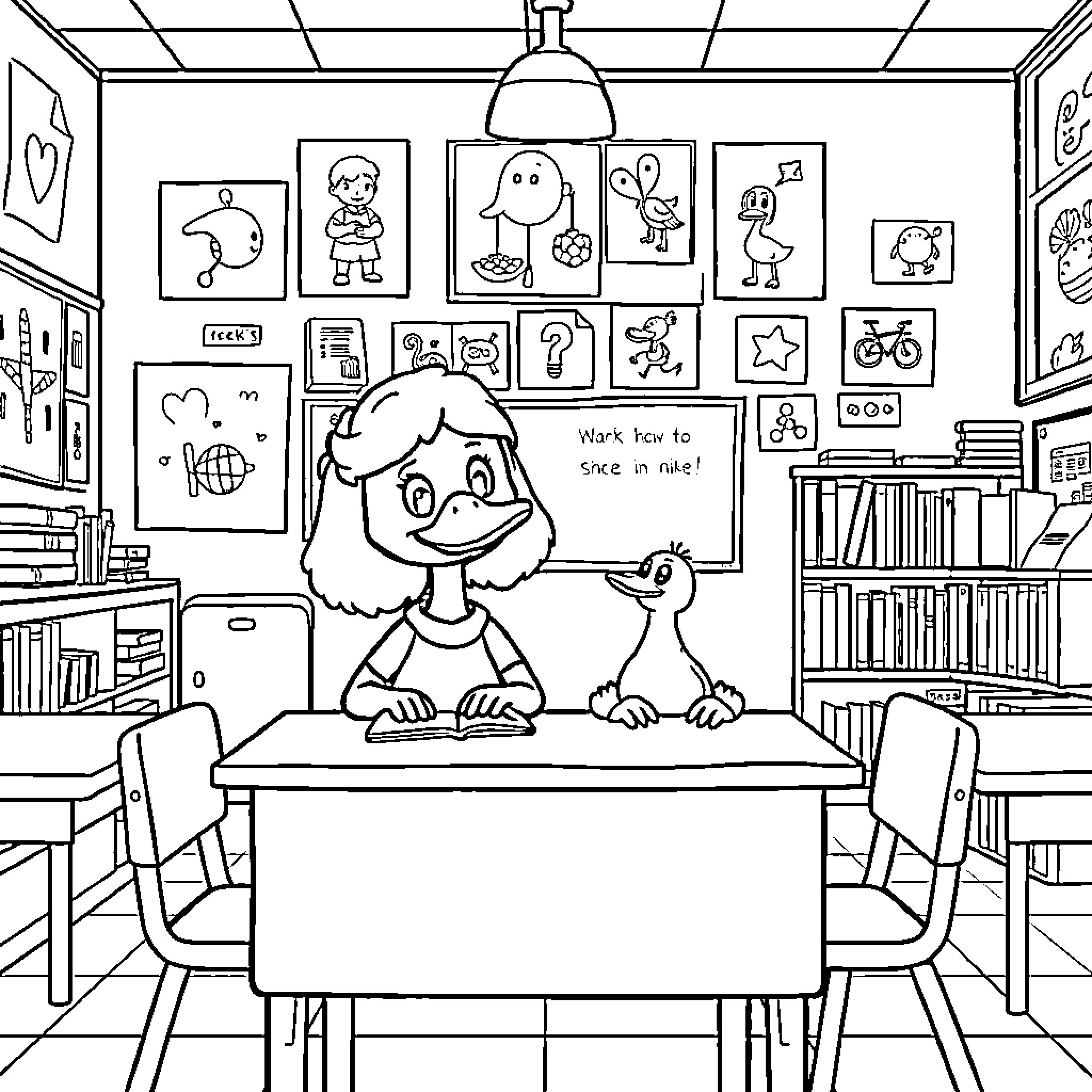 Sarah and Duck learning at a classroom desk Coloring Page (free black-and-white line drawing printable PDF for all, from beginners to advanced learners, including children, teens, adults, and seniors)
