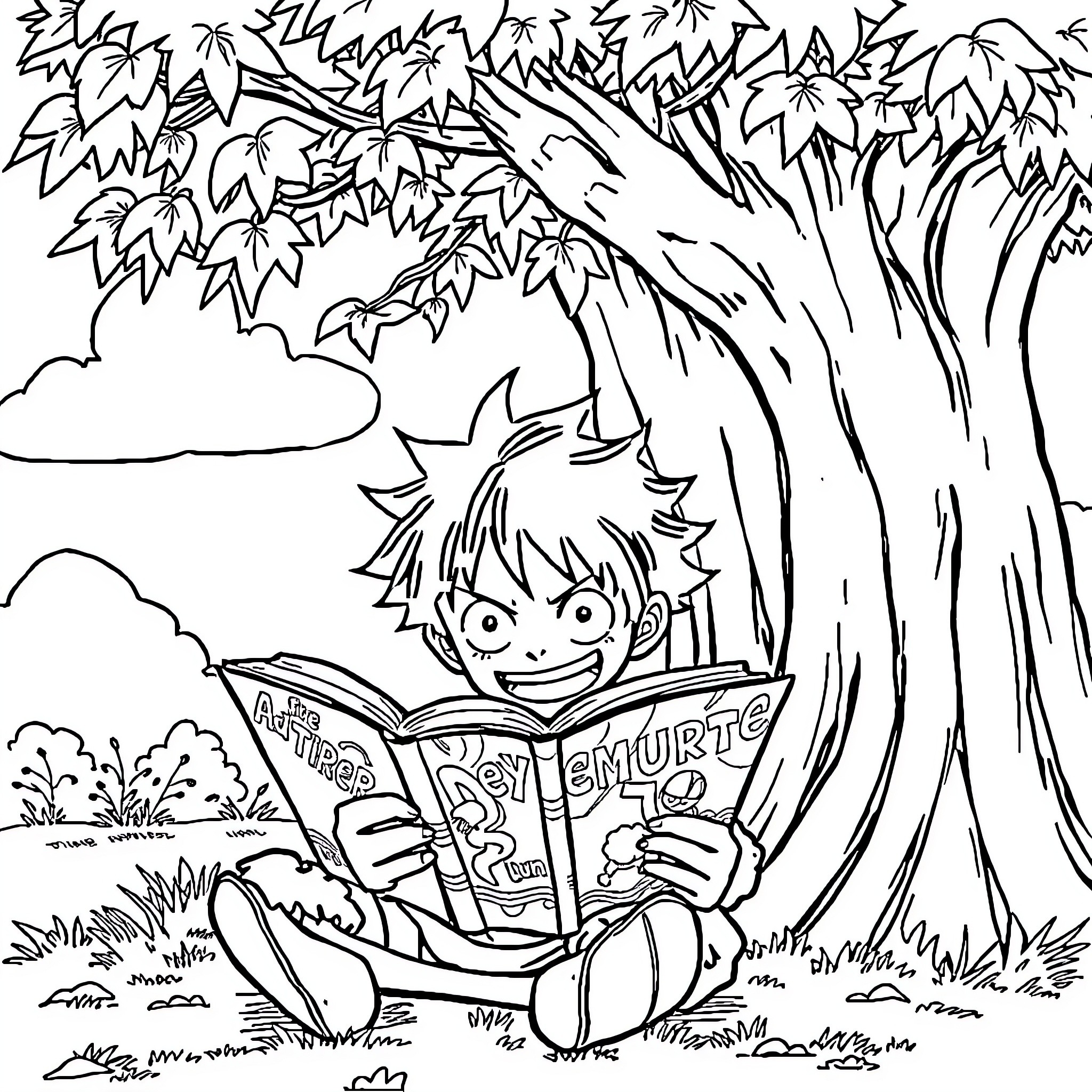 Luffy reads book under the tree Coloring Page (free black-and-white line drawing printable PDF for all, from beginners to advanced learners, including children, teens, adults, and seniors)
