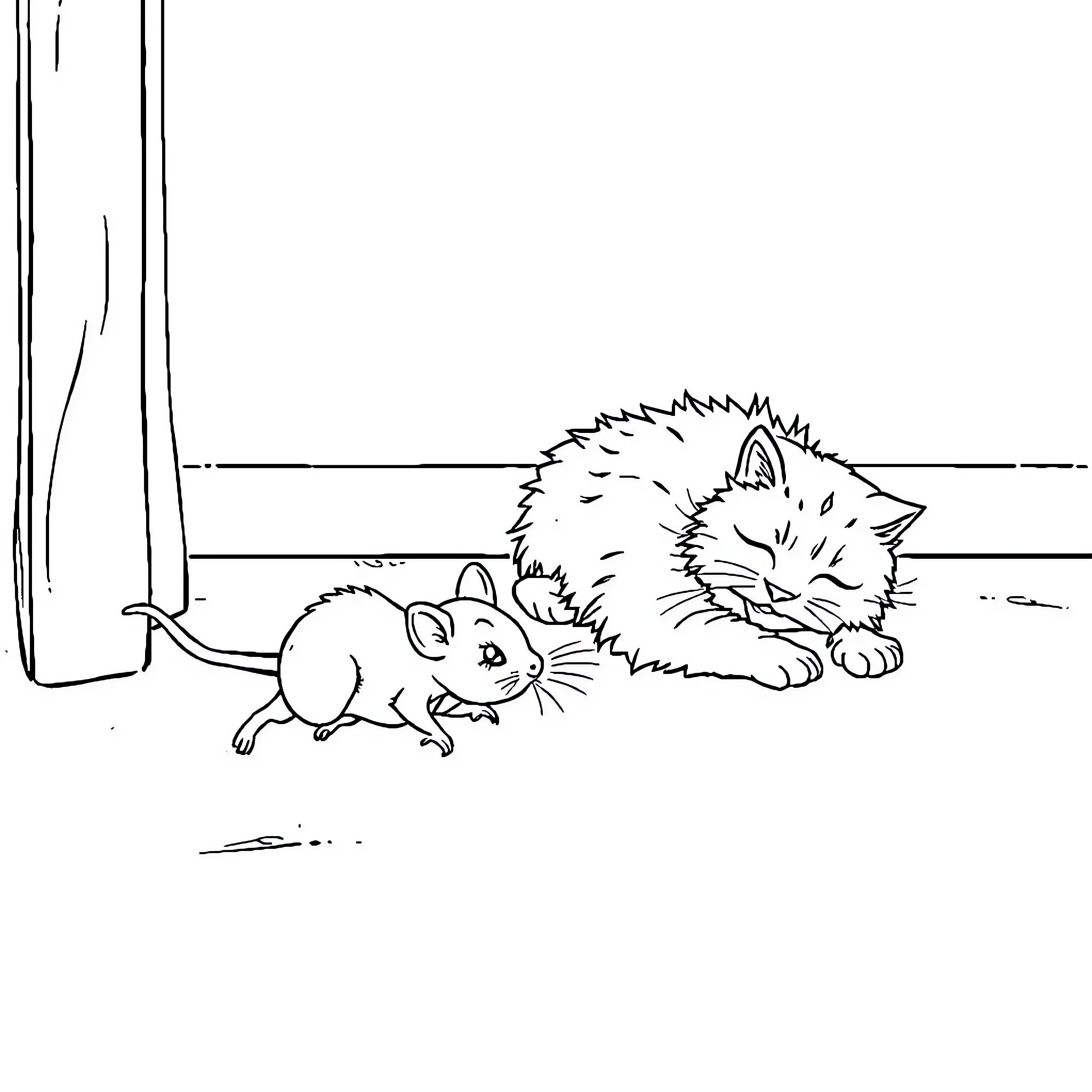 Mouse and playful cat in the room Coloring Page (free black-and-white line drawing printable PDF for all, from beginners to advanced learners, including children, teens, adults, and seniors)