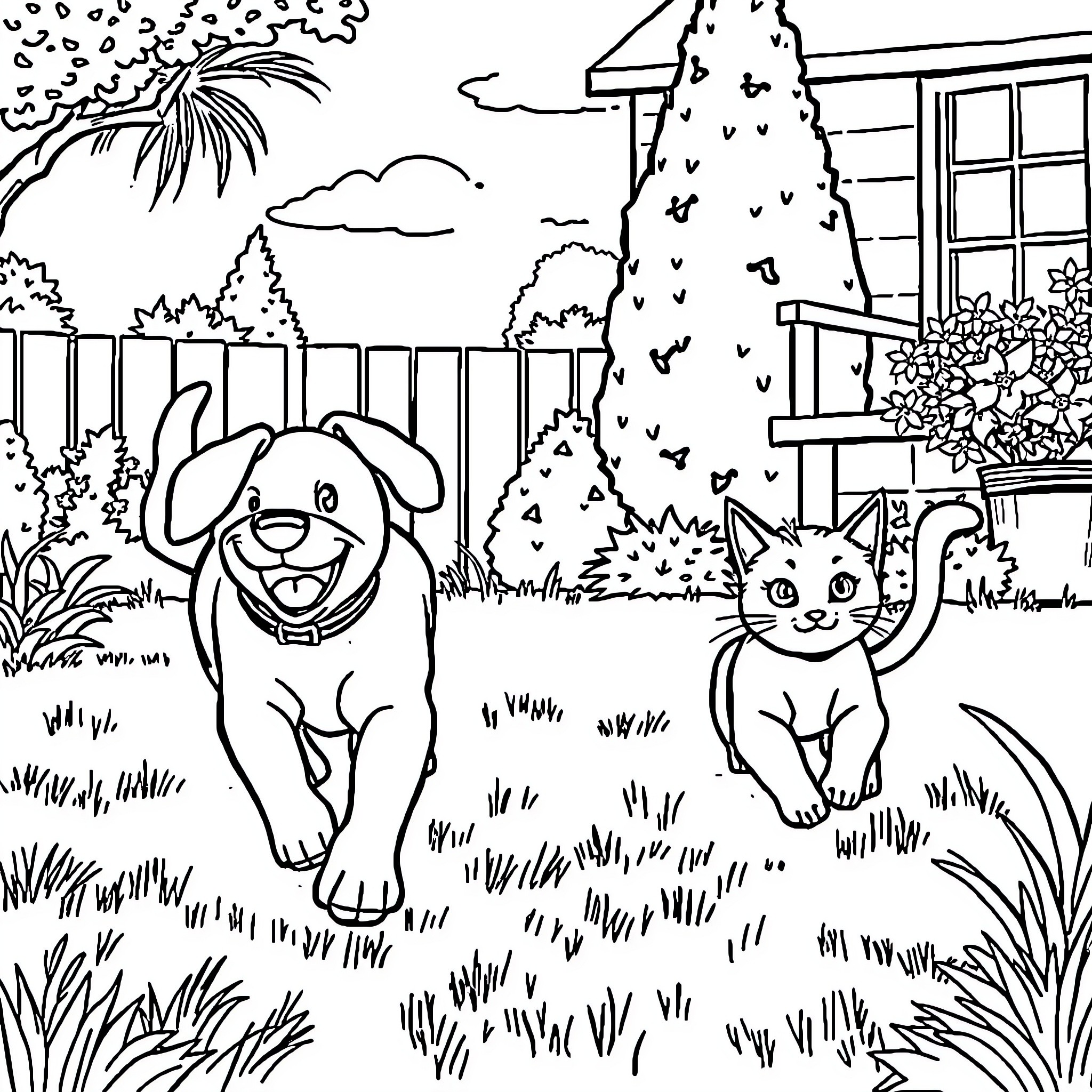 Dog and Cat Playing Happily in the Backyard Coloring Page (free black-and-white line drawing printable PDF for all, from beginners to advanced learners, including children, teens, adults, and seniors)
