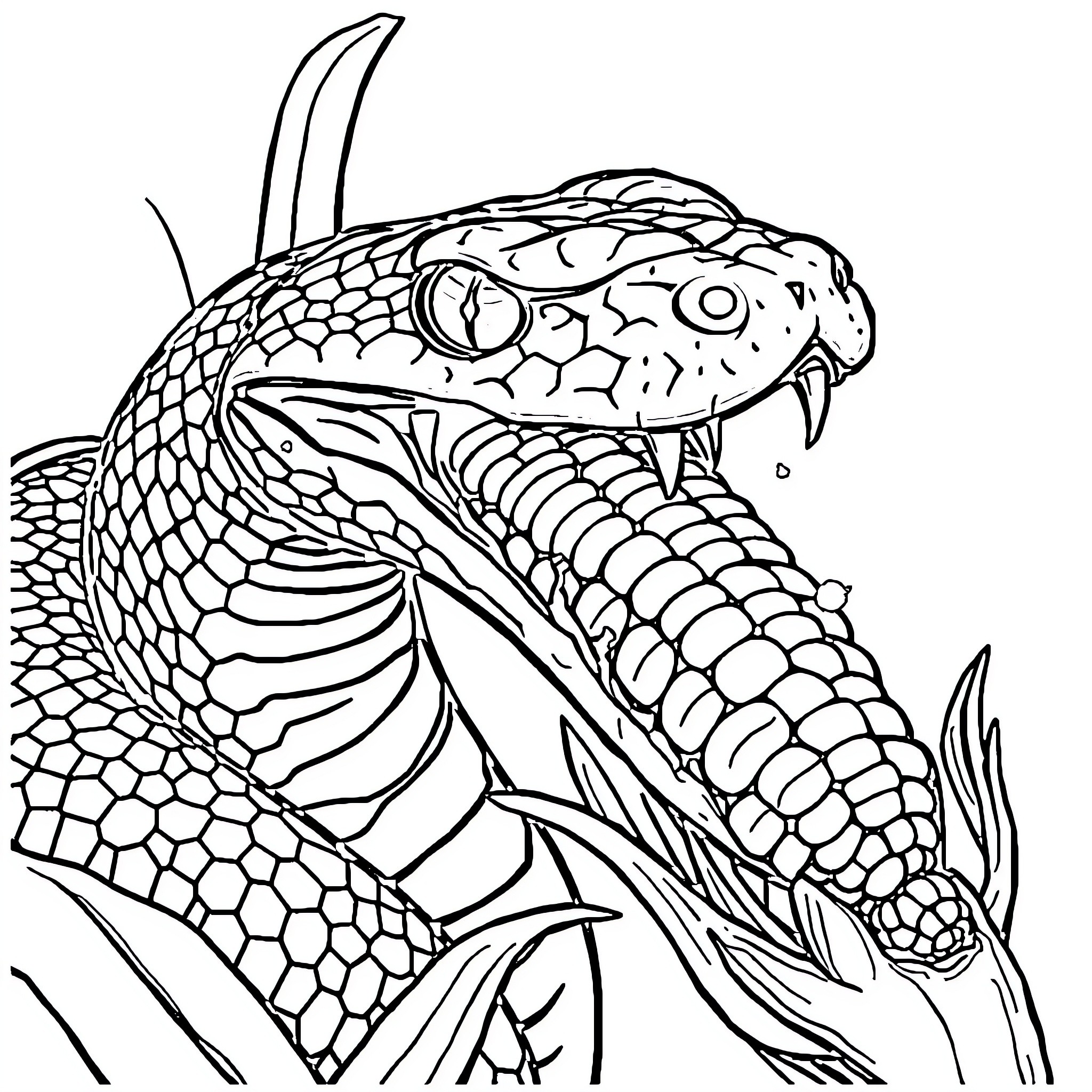 Snake hissing with open mouth and scales Coloring Page (free black-and-white line drawing printable PDF for all, from beginners to advanced learners, including children, teens, adults, and seniors)