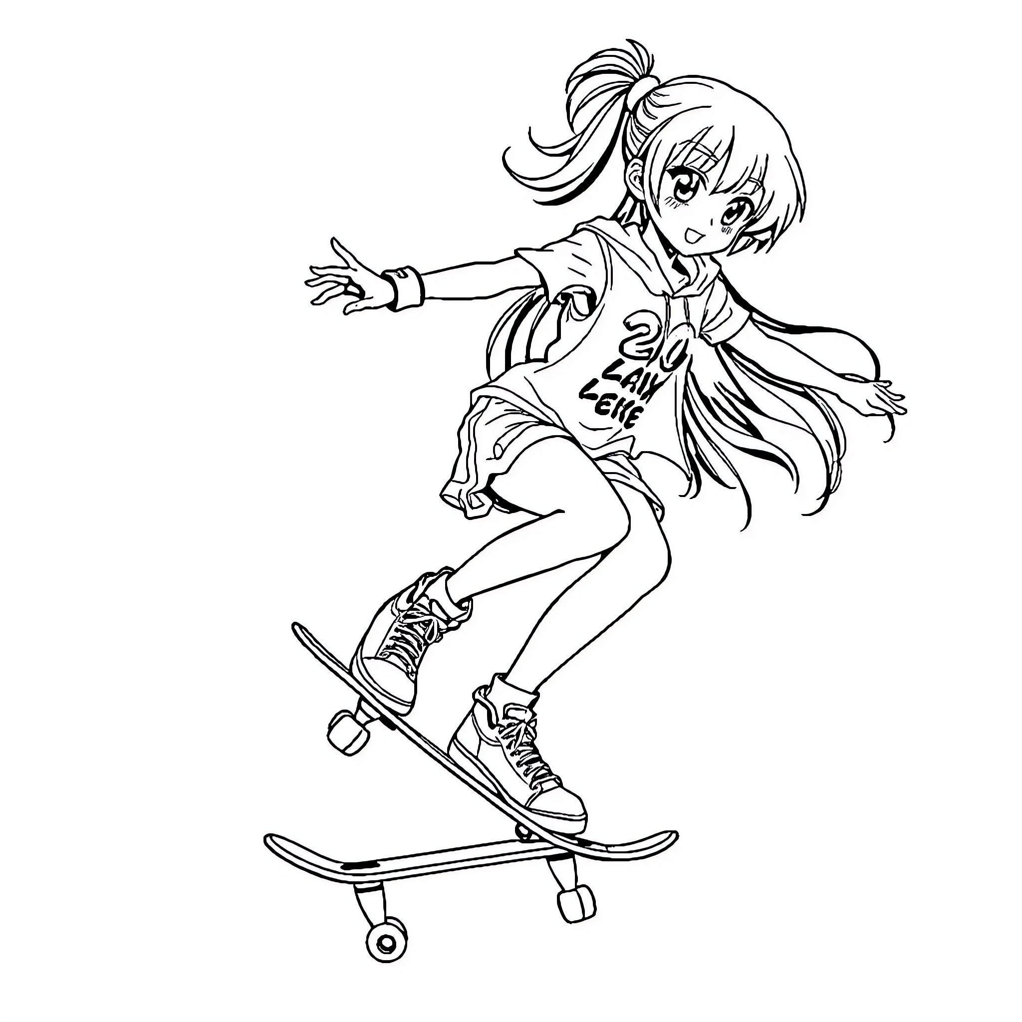 Anime Girl Skateboarding with Energy and Enthusiasm Coloring Page (free black-and-white line drawing printable PDF for all, from beginners to advanced learners, including children, teens, adults, and seniors)
