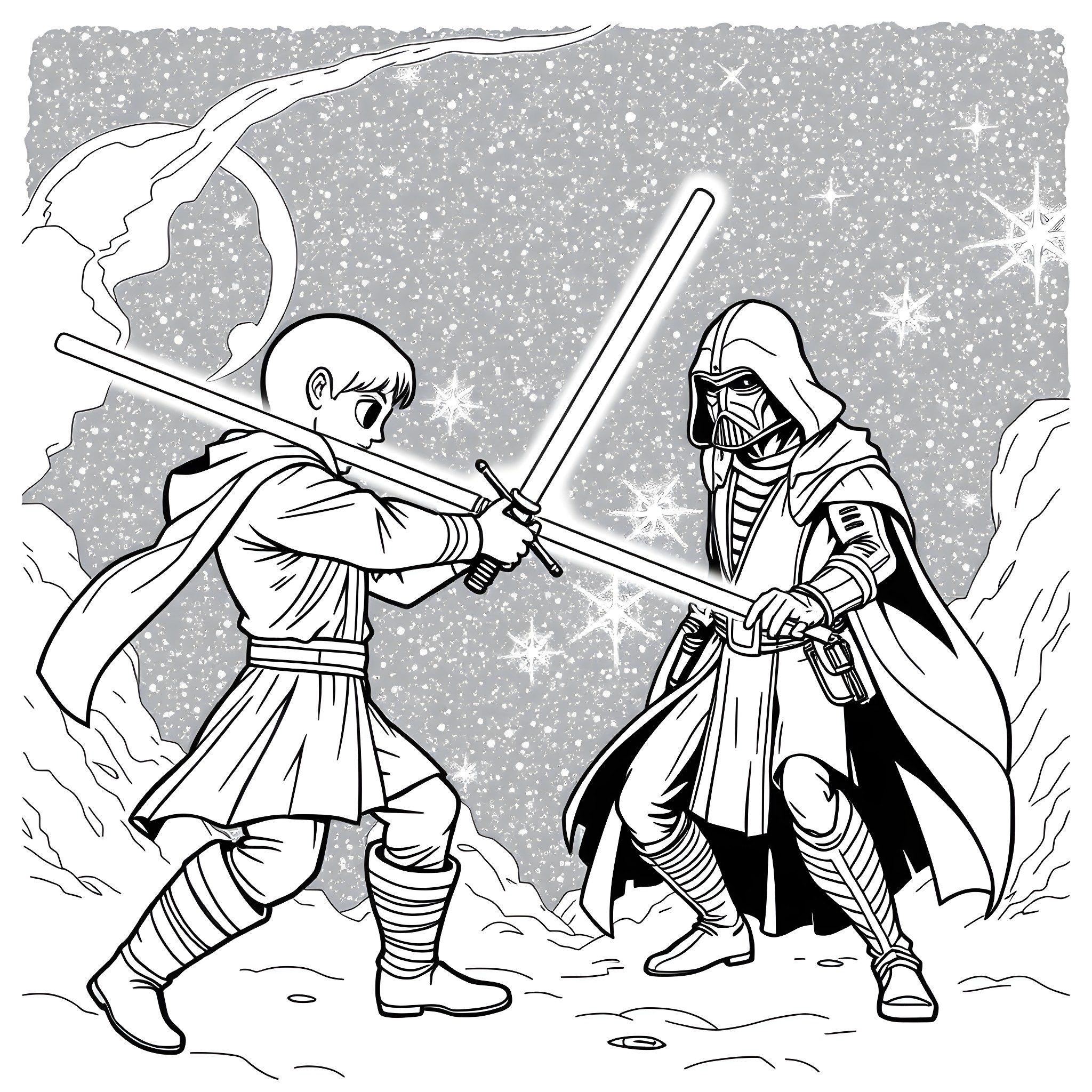 Light Saber Duel in Snowy Scene Coloring Page (free black-and-white line drawing printable PDF for all, from beginners to advanced learners, including children, teens, adults, and seniors)