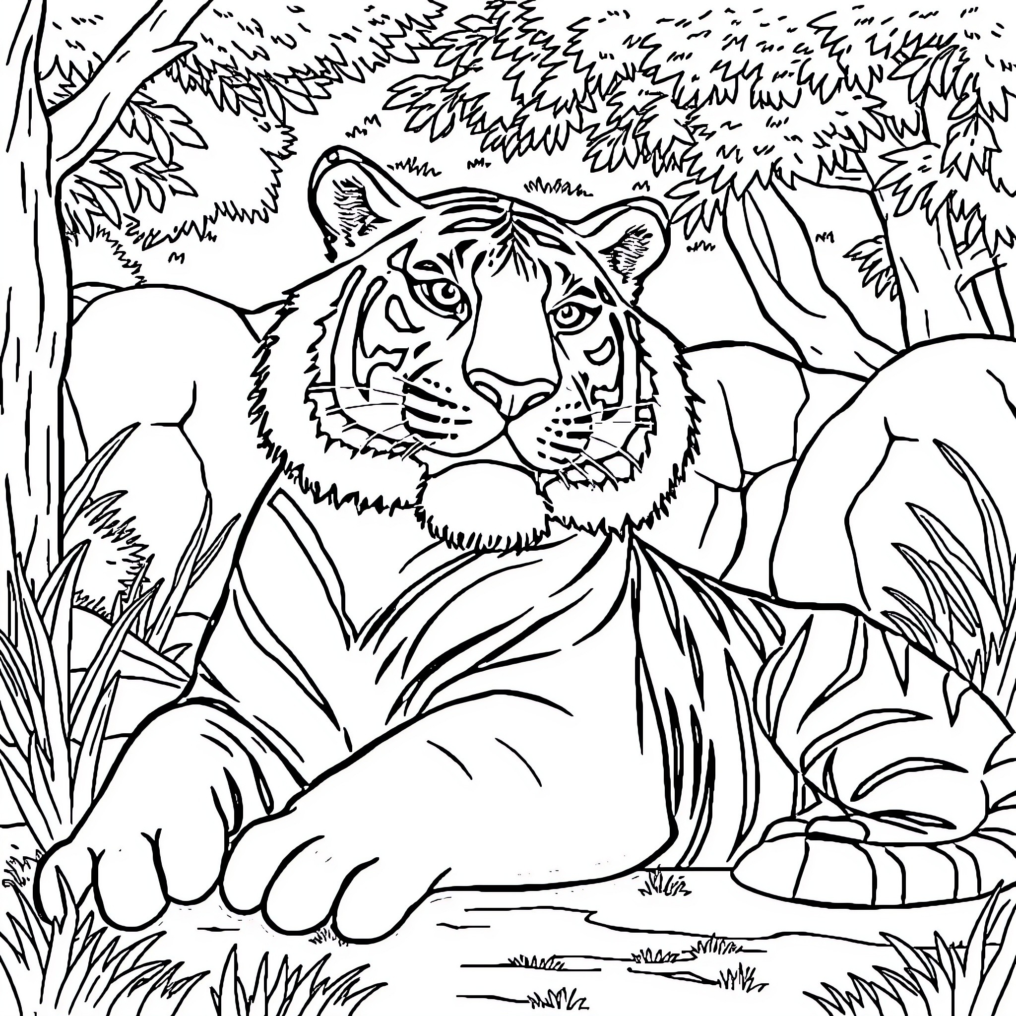 Tiger resting in the lush jungle Coloring Page (free black-and-white line drawing printable PDF for all, from beginners to advanced learners, including children, teens, adults, and seniors)