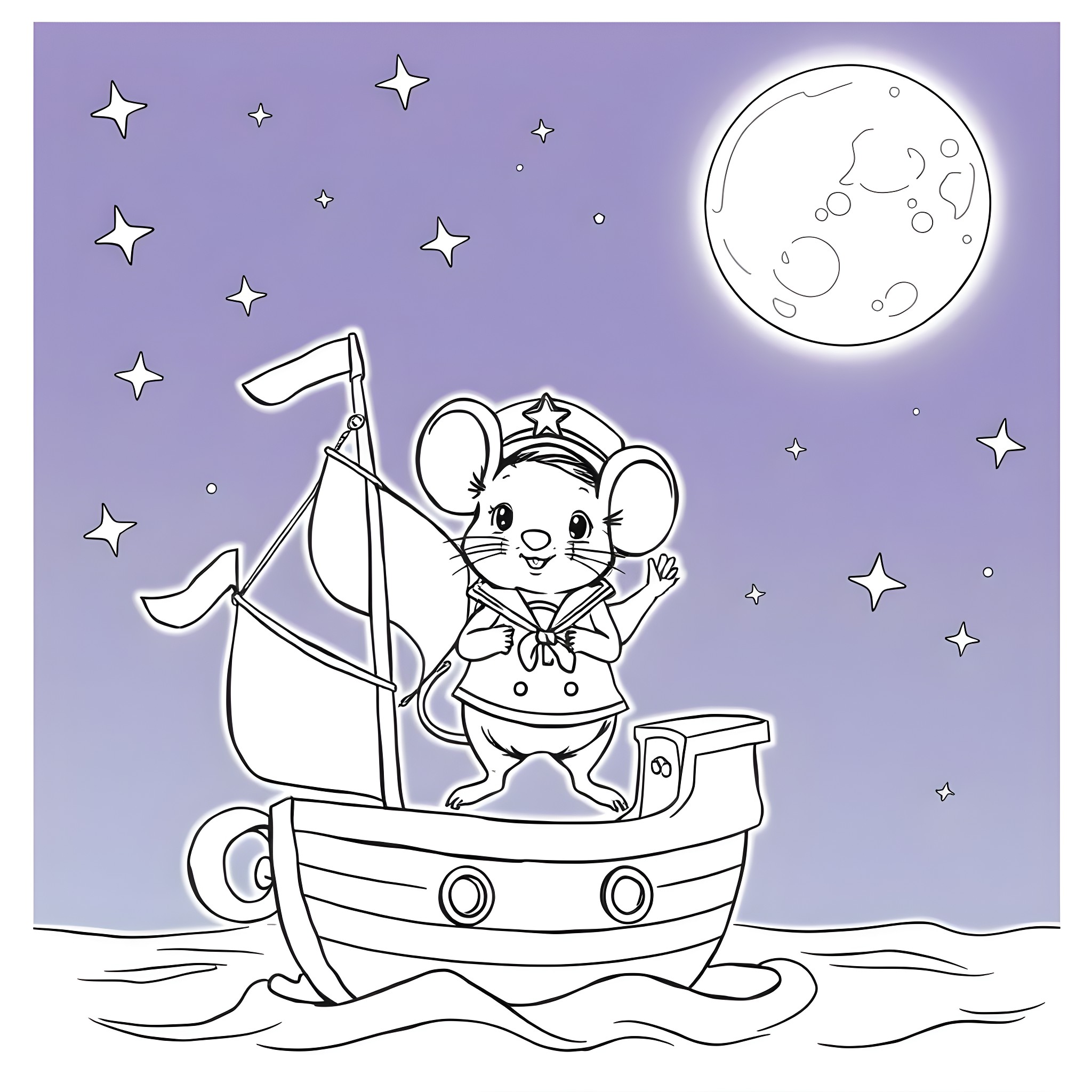 Mouse sailor exploring the night sky on a boat Coloring Page (free black-and-white line drawing printable PDF for all, from beginners to advanced learners, including children, teens, adults, and seniors)