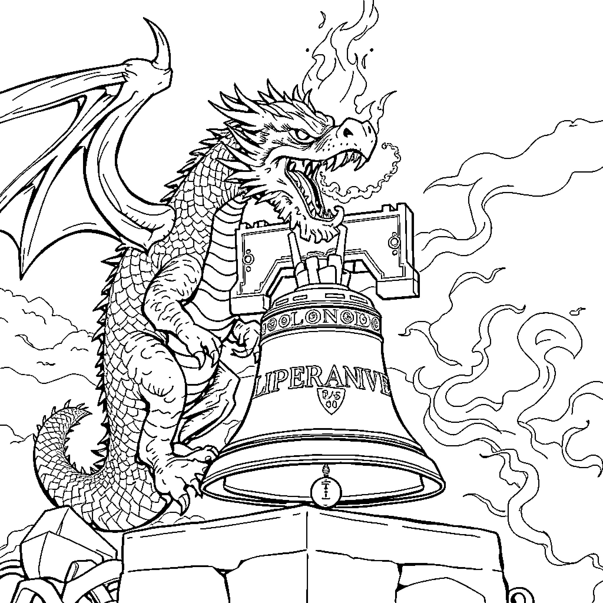 Dragon Guardian Guarding a Bell Tower Coloring Page (free black-and-white line drawing printable PDF for all, from beginners to advanced learners, including children, teens, adults, and seniors)