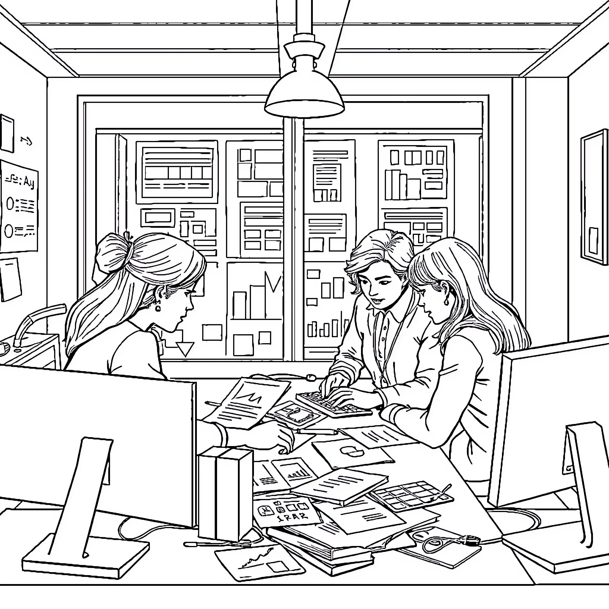 Person working diligently in an office setting Coloring Page (free black-and-white line drawing printable PDF for all, from beginners to advanced learners, including children, teens, adults, and seniors)