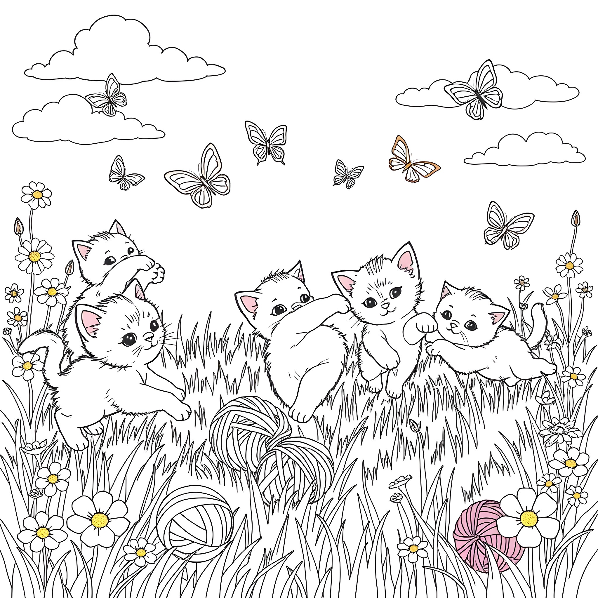 Cat kittens playing in a meadow with butterflies Coloring Page (free black-and-white line drawing printable PDF for all, from beginners to advanced learners, including children, teens, adults, and seniors)