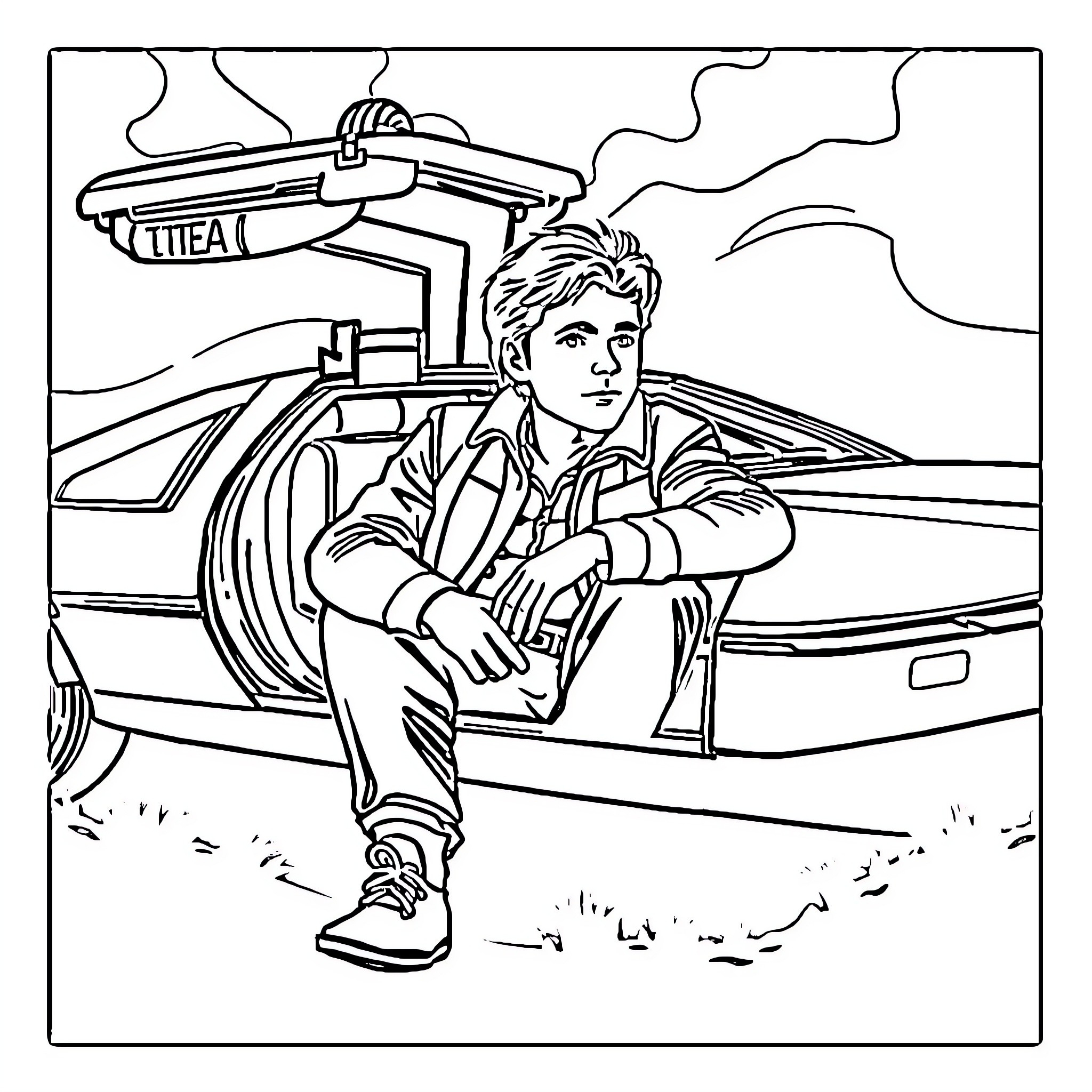 Marty's time-traveling adventure with the DeLorean Coloring Page (free black-and-white line drawing printable PDF for all, from beginners to advanced learners, including children, teens, adults, and seniors)