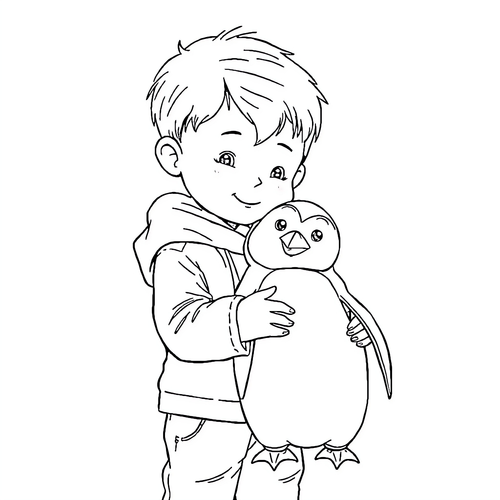 Boy hugging a penguin plush toy Coloring Page (free black-and-white line drawing printable PDF for all, from beginners to advanced learners, including children, teens, adults, and seniors)