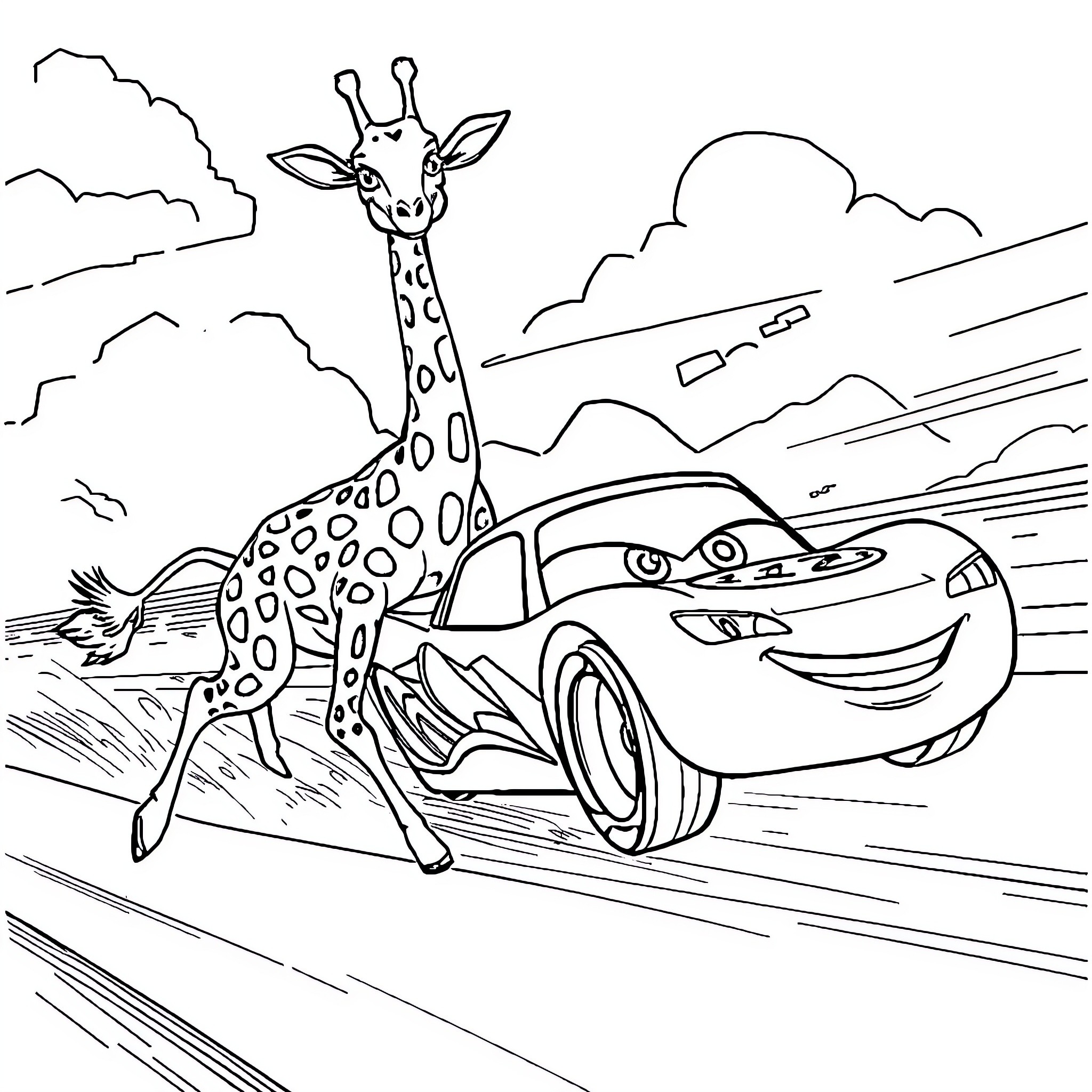 Giraffe meets animated car on the road Coloring Page (free black-and-white line drawing printable PDF for all, from beginners to advanced learners, including children, teens, adults, and seniors)