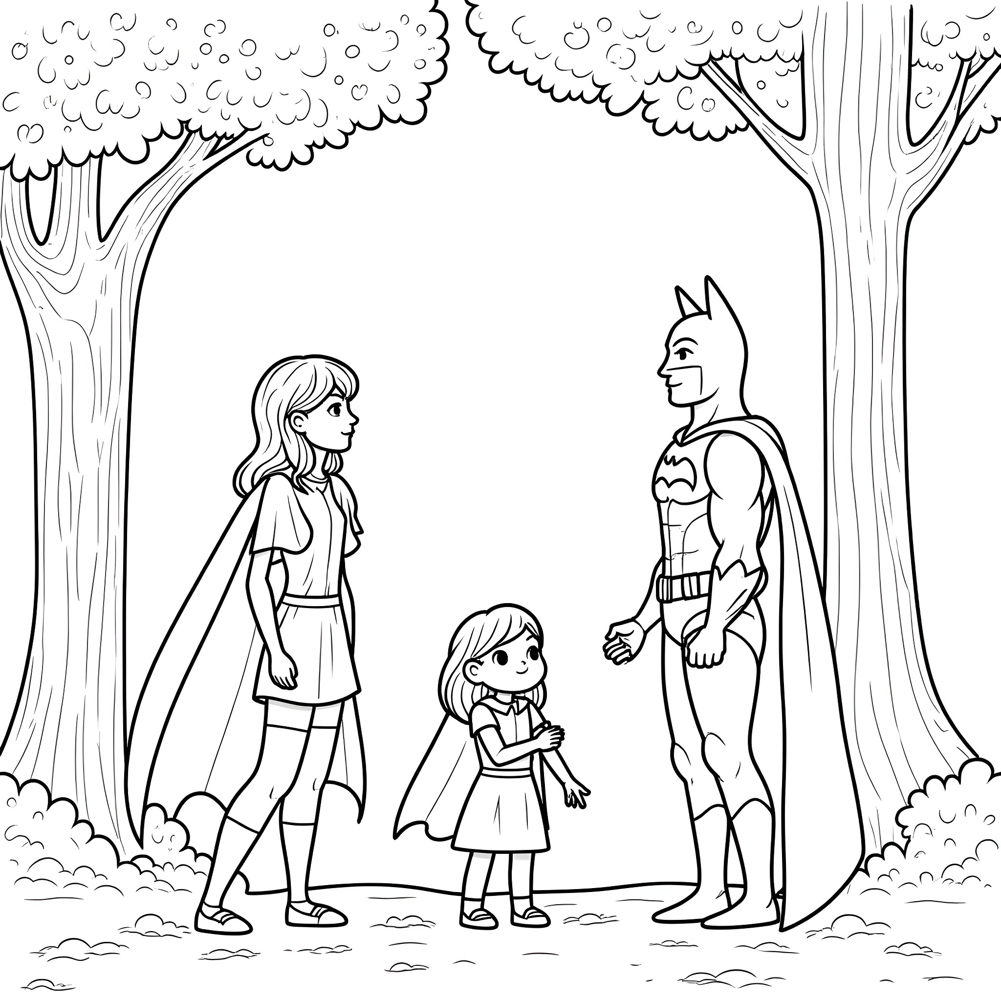 Batman meets young fans in the park Coloring Page (free black-and-white line drawing printable PDF for all, from beginners to advanced learners, including children, teens, adults, and seniors)