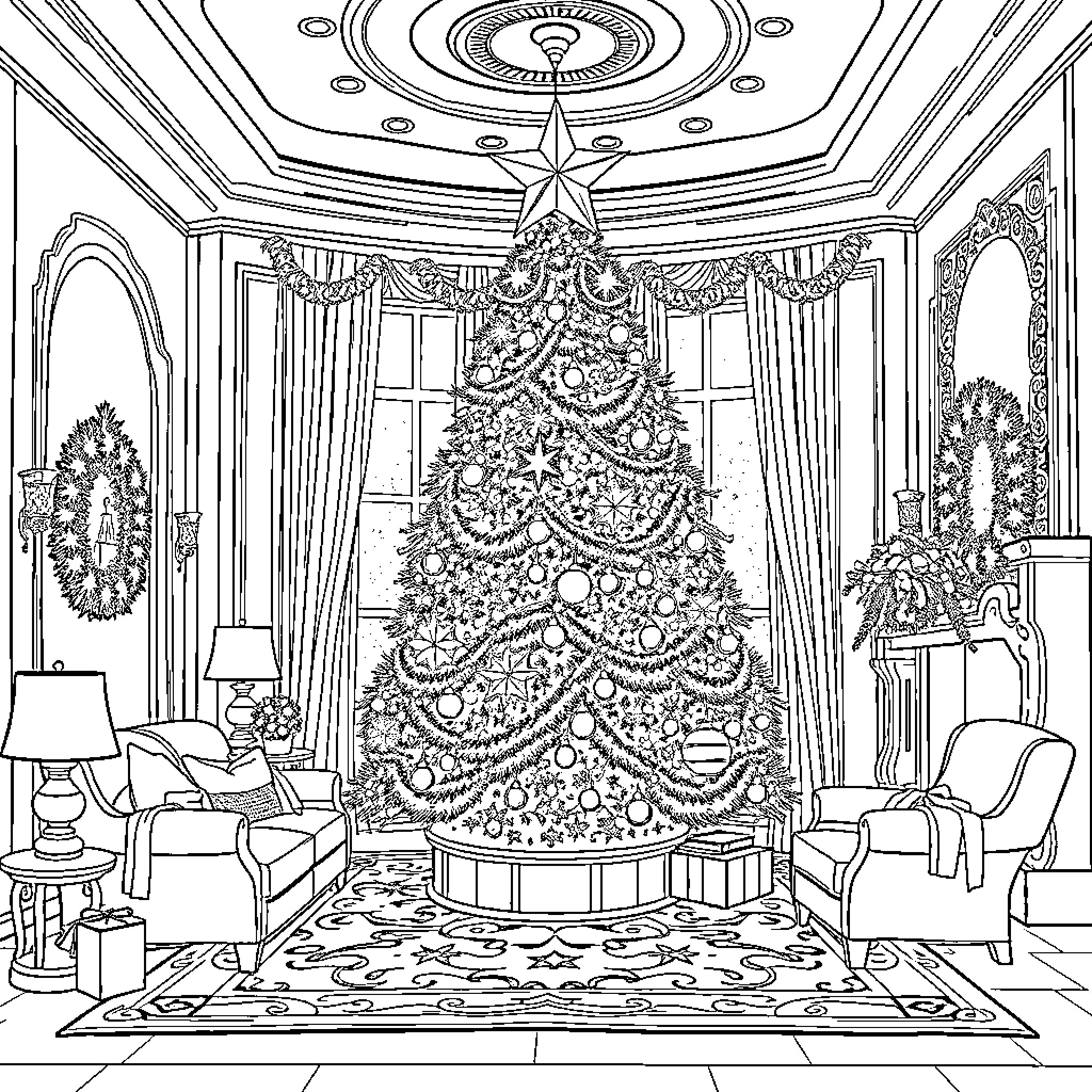 Christmas Tree Adorned with Elegant Decor in Luxurious Room Coloring Page (free black-and-white line drawing printable PDF for all, from beginners to advanced learners, including children, teens, adults, and seniors)