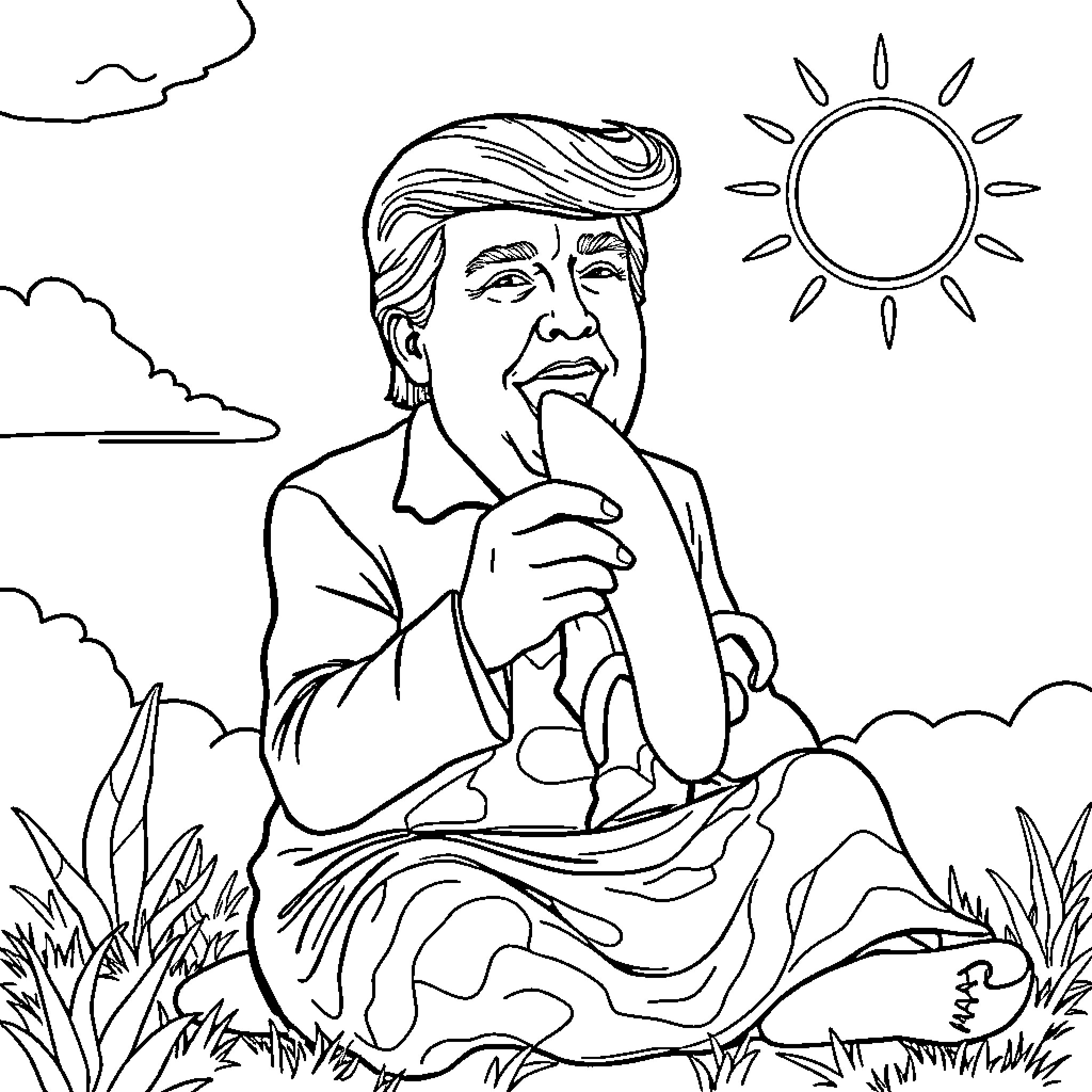 Donald Trump enjoying the outdoors in a peaceful setting Coloring Page (free black-and-white line drawing printable PDF for all, from beginners to advanced learners, including children, teens, adults, and seniors)
