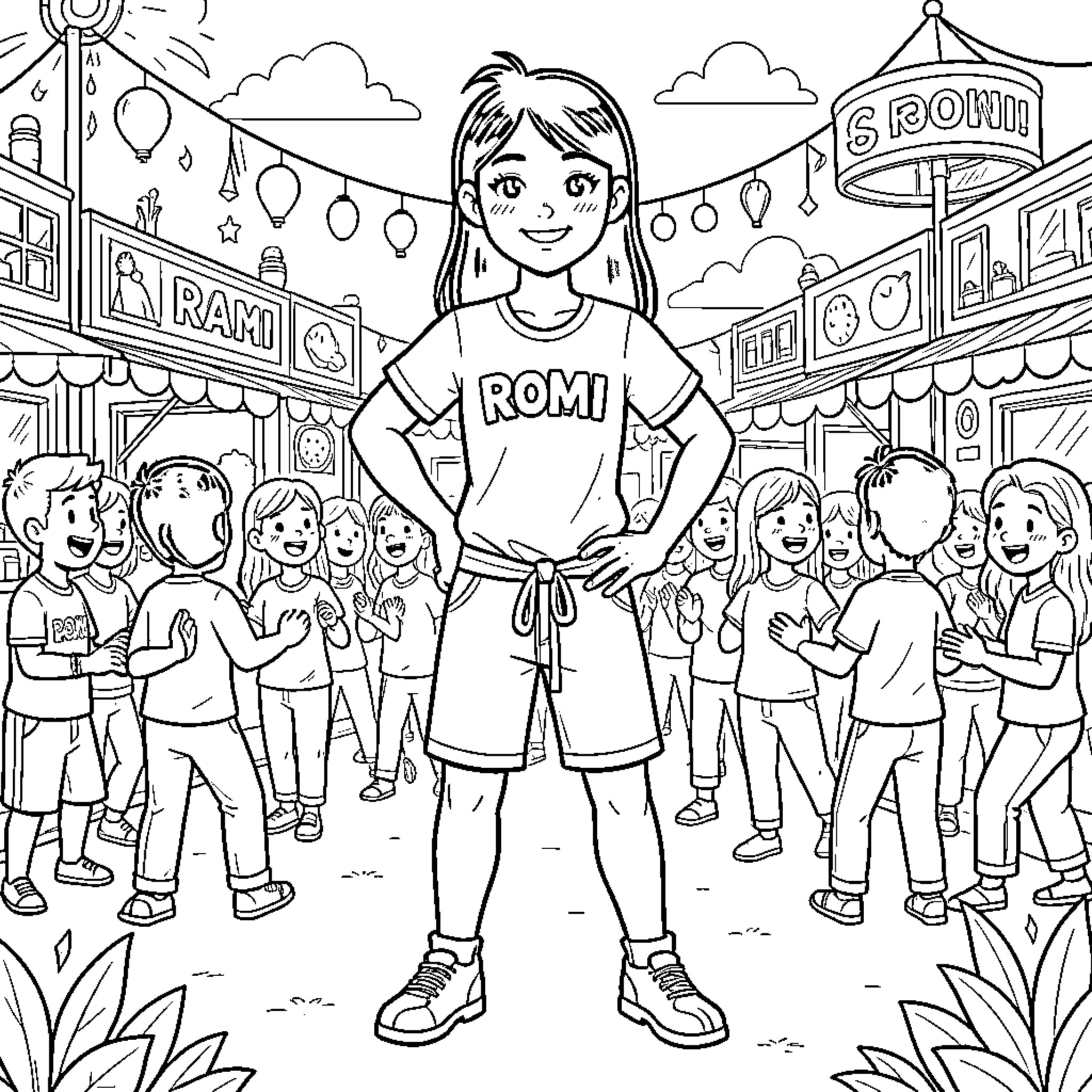 Romi standing confidently among a crowd of happy children Coloring Page (free black-and-white line drawing printable PDF for all, from beginners to advanced learners, including children, teens, adults, and seniors)