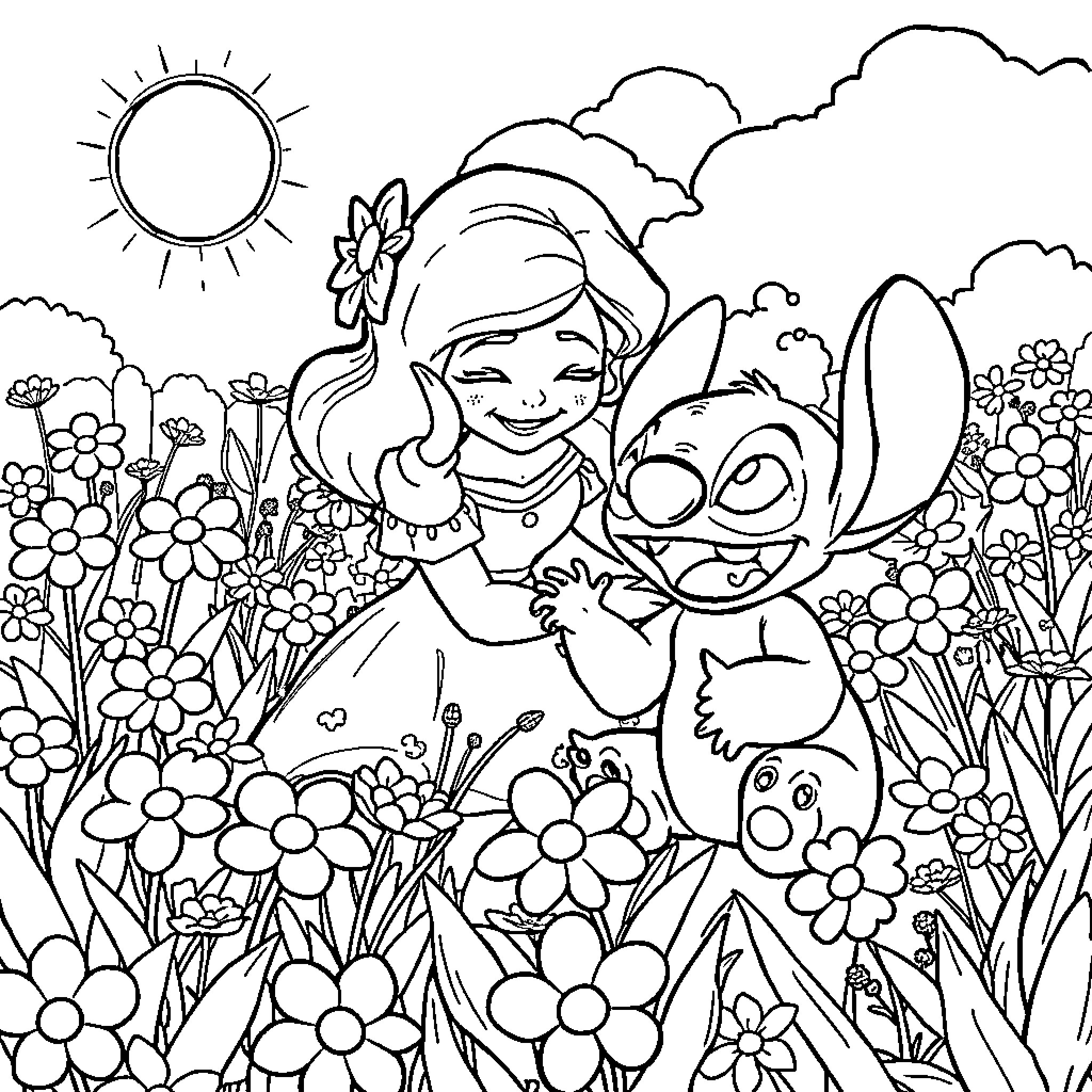 Betty White enjoying nature with Stitch in the garden Coloring Page (free black-and-white line drawing printable PDF for all, from beginners to advanced learners, including children, teens, adults, and seniors)