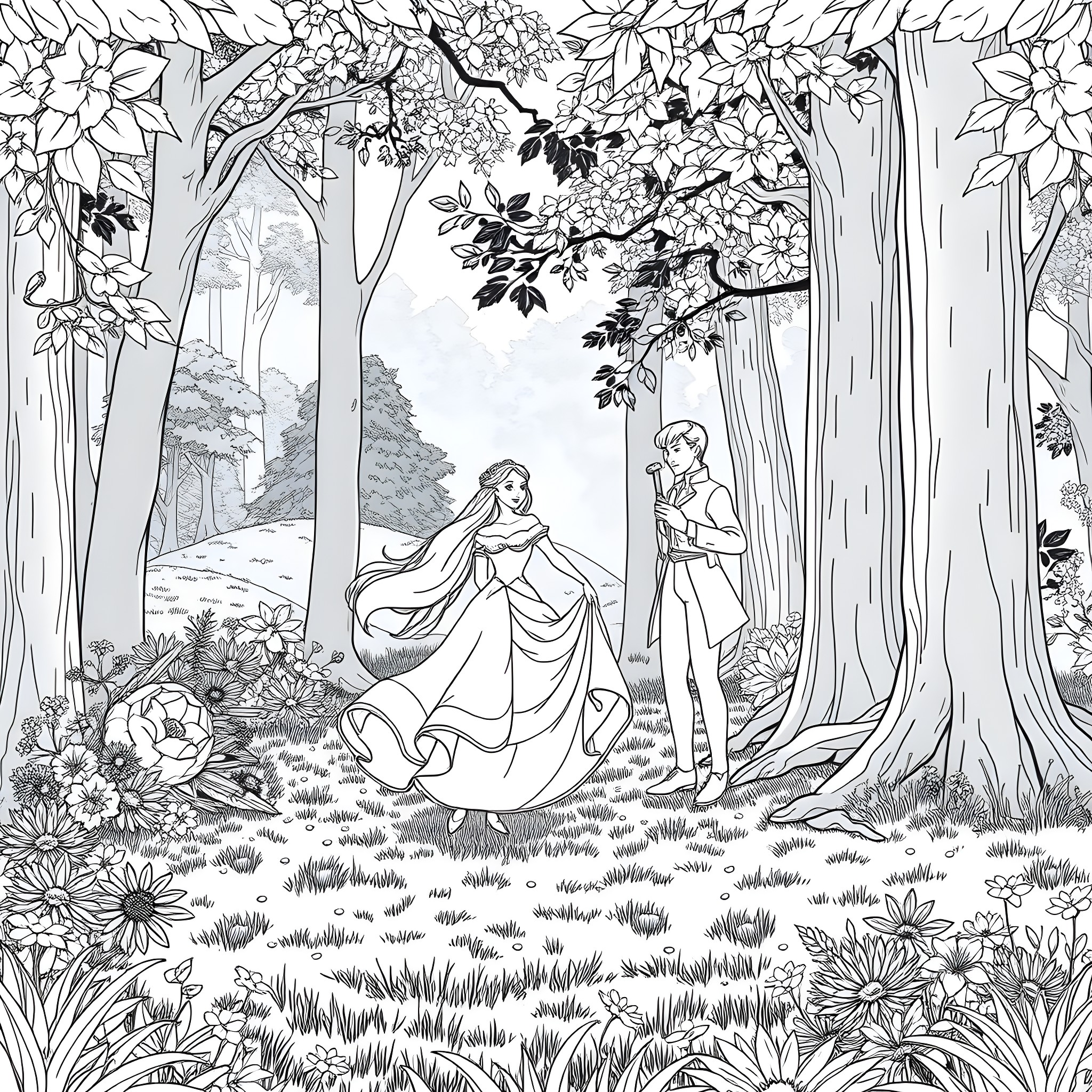 Aurora's Fairytale Forest Adventure Coloring Page (free black-and-white line drawing printable PDF for all, from beginners to advanced learners, including children, teens, adults, and seniors)