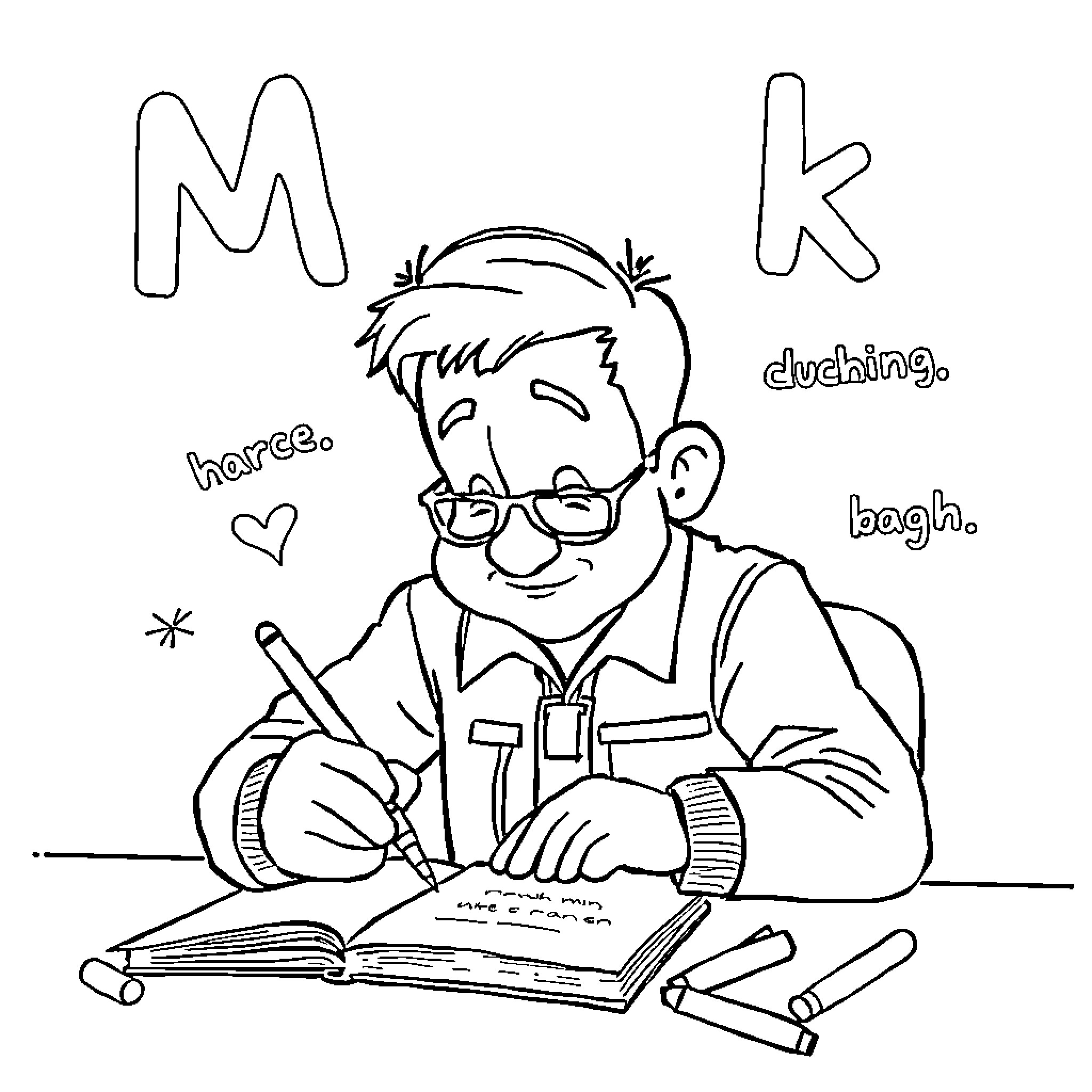 Spelling a fun learning experience Coloring Page (free black-and-white line drawing printable PDF for all, from beginners to advanced learners, including children, teens, adults, and seniors)