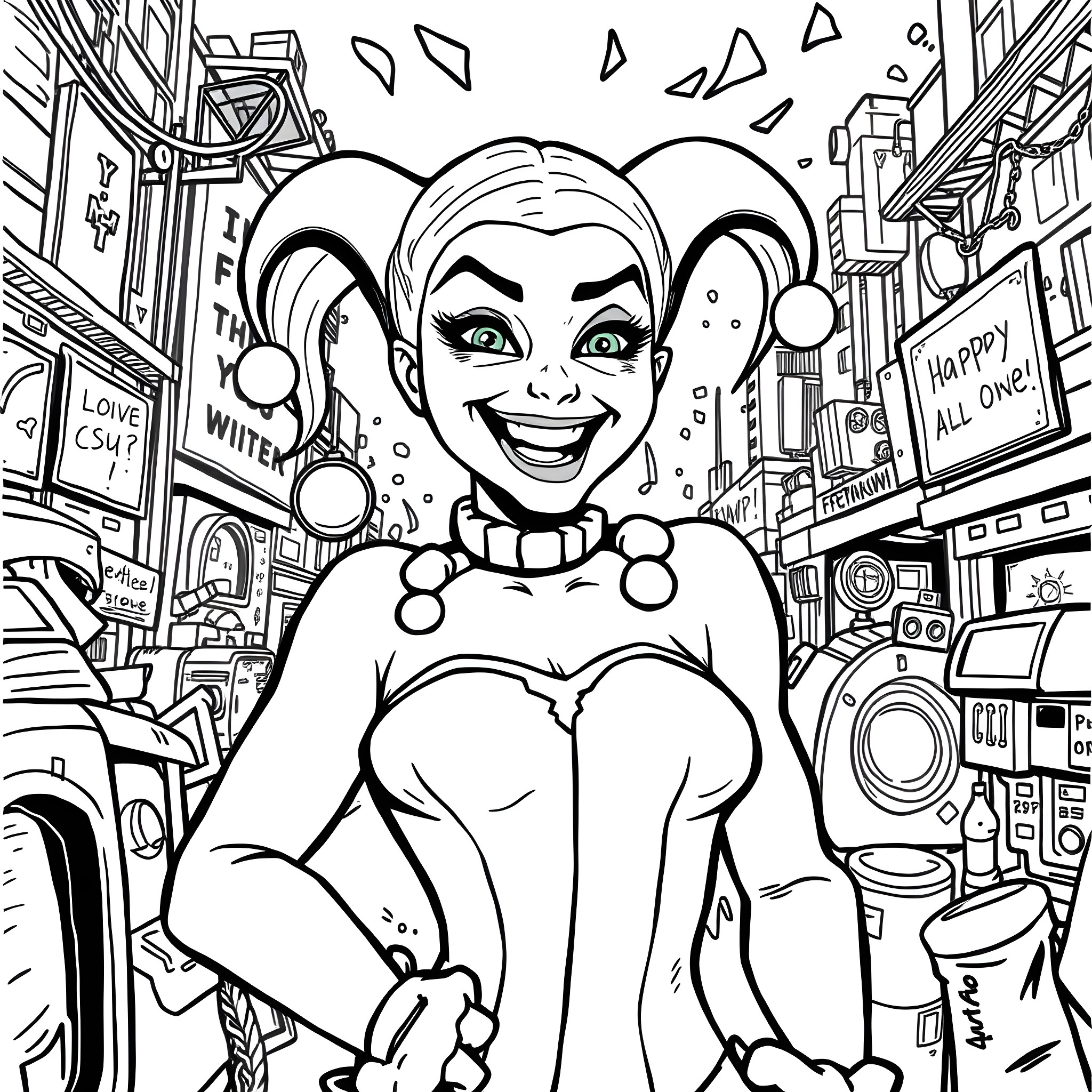 Harley Quinn's Mischievous Antics in the City Coloring Page (free black-and-white line drawing printable PDF for all, from beginners to advanced learners, including children, teens, adults, and seniors)