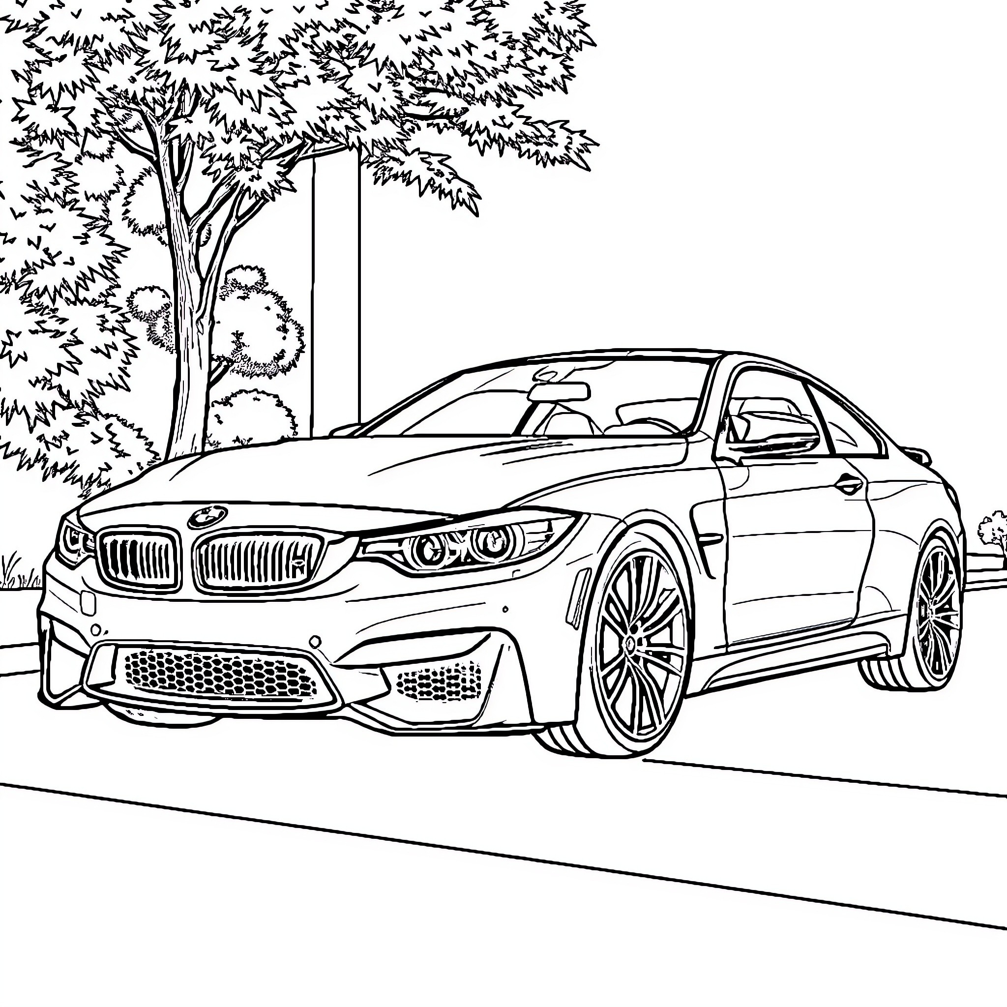 BMW sports car in a serene outdoor setting Coloring Page (free black-and-white line drawing printable PDF for all, from beginners to advanced learners, including children, teens, adults, and seniors)