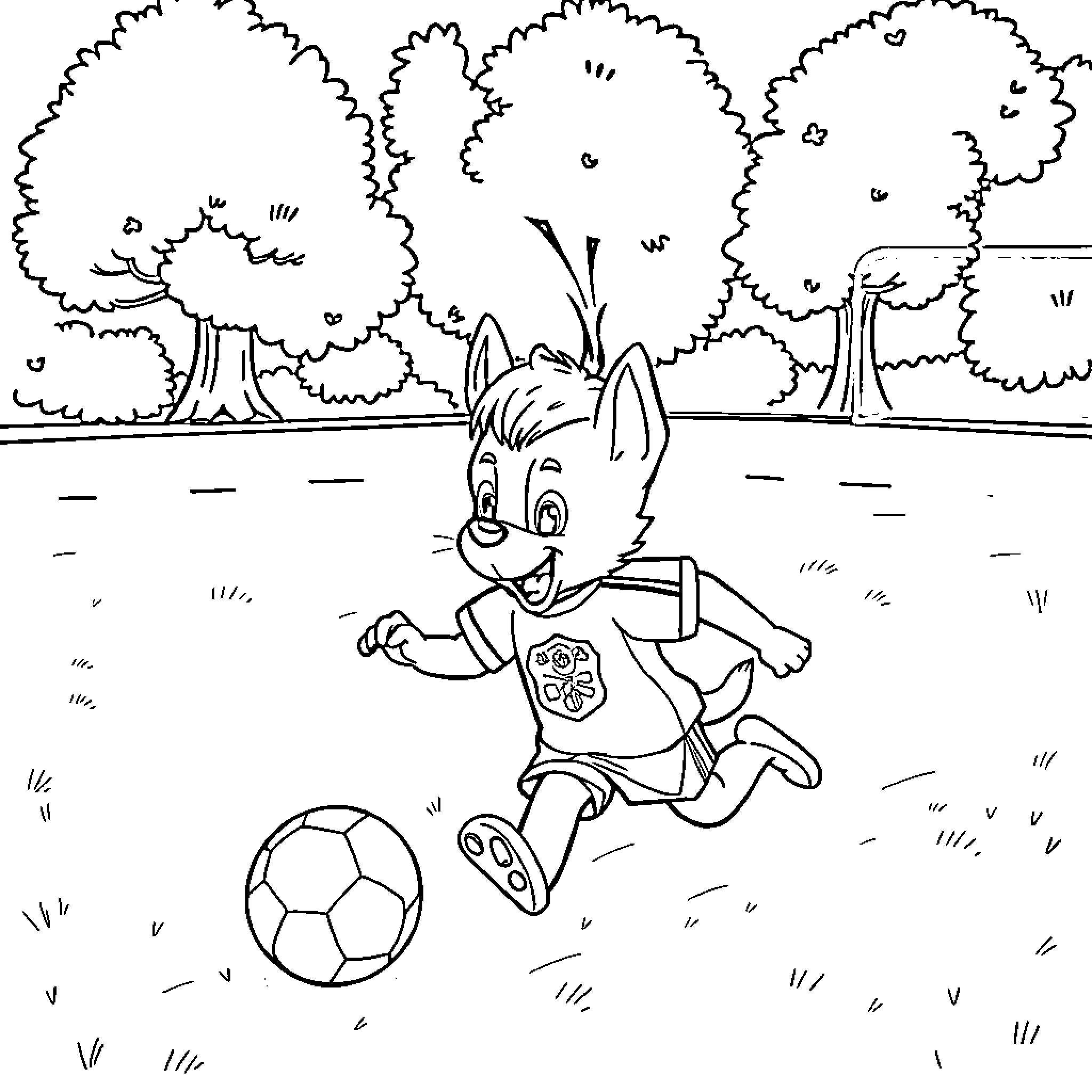 Perrito playing with a soccer ball in the park Coloring Page (free black-and-white line drawing printable PDF for all, from beginners to advanced learners, including children, teens, adults, and seniors)