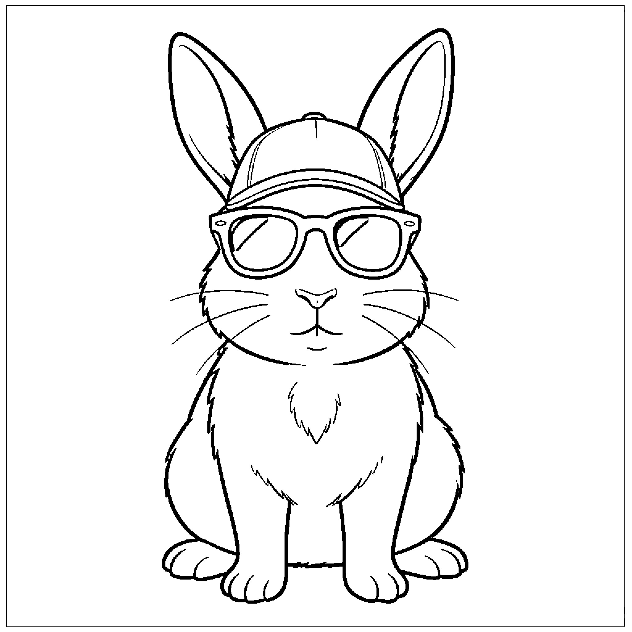Rabbit wearing a cap and sunglasses Coloring Page (free black-and-white line drawing printable PDF for all, from beginners to advanced learners, including children, teens, adults, and seniors)