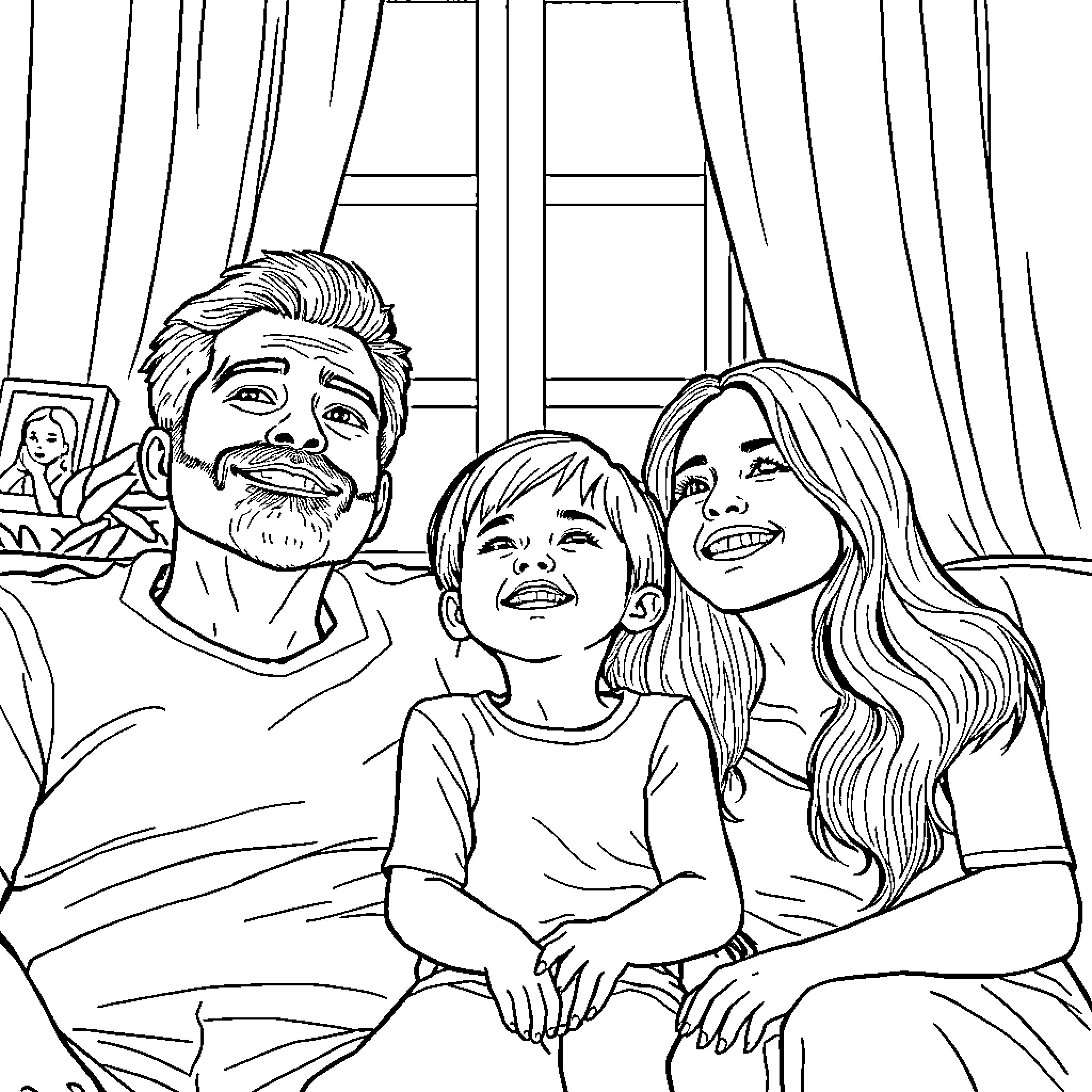 Familia enjoying a peaceful moment together Coloring Page (free black-and-white line drawing printable PDF for all, from beginners to advanced learners, including children, teens, adults, and seniors)