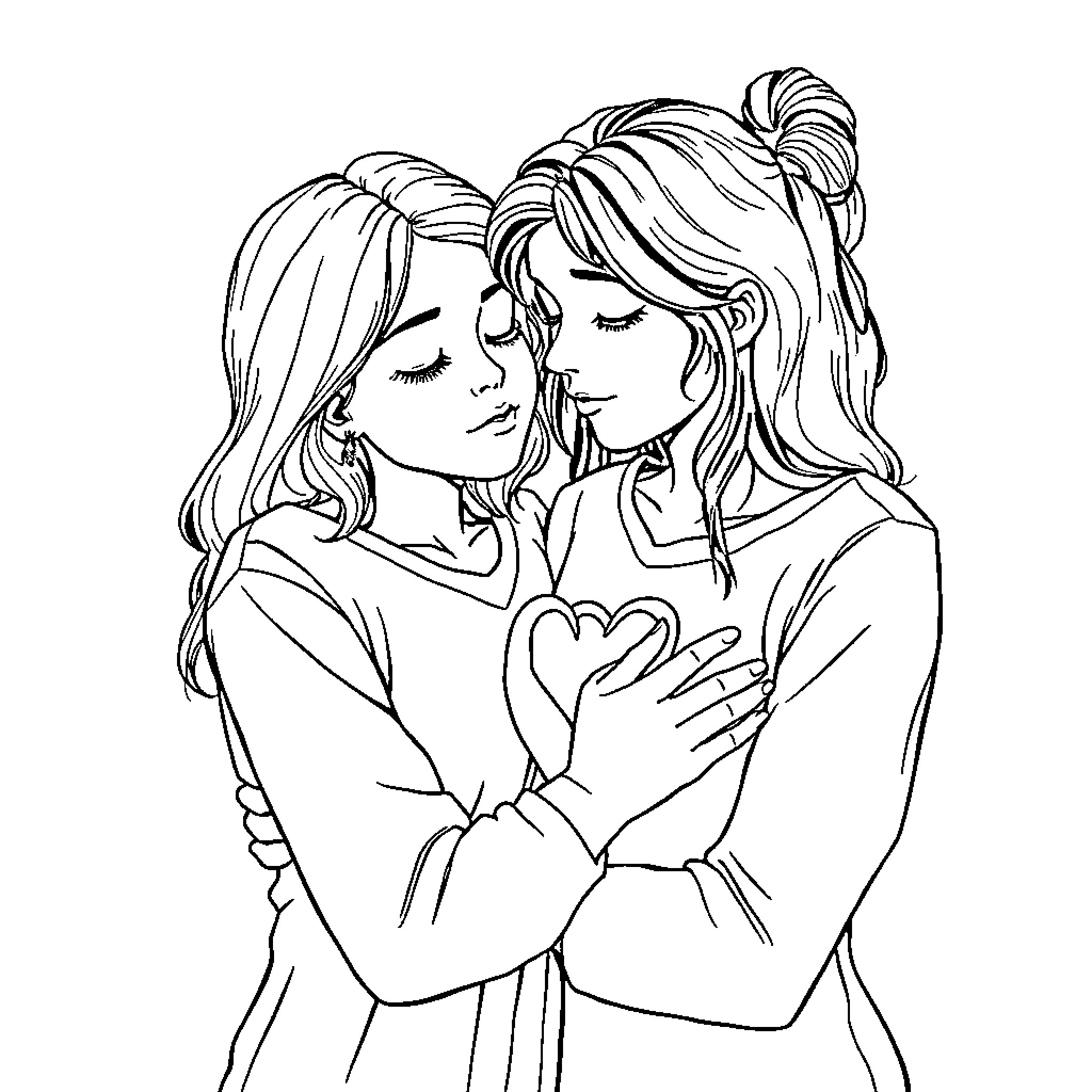 Mother's Tender Embrace with Daughter Coloring Page (free black-and-white line drawing printable PDF for all, from beginners to advanced learners, including children, teens, adults, and seniors)