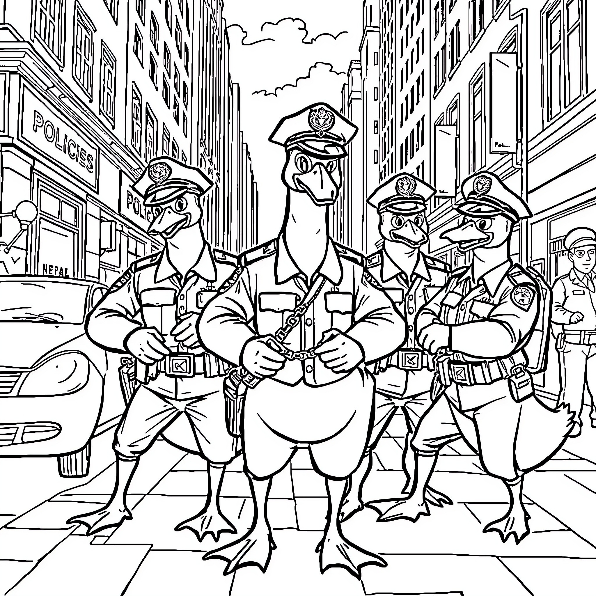 Goose officers patrolling the city streets Coloring Page (free black-and-white line drawing printable PDF for all, from beginners to advanced learners, including children, teens, adults, and seniors)