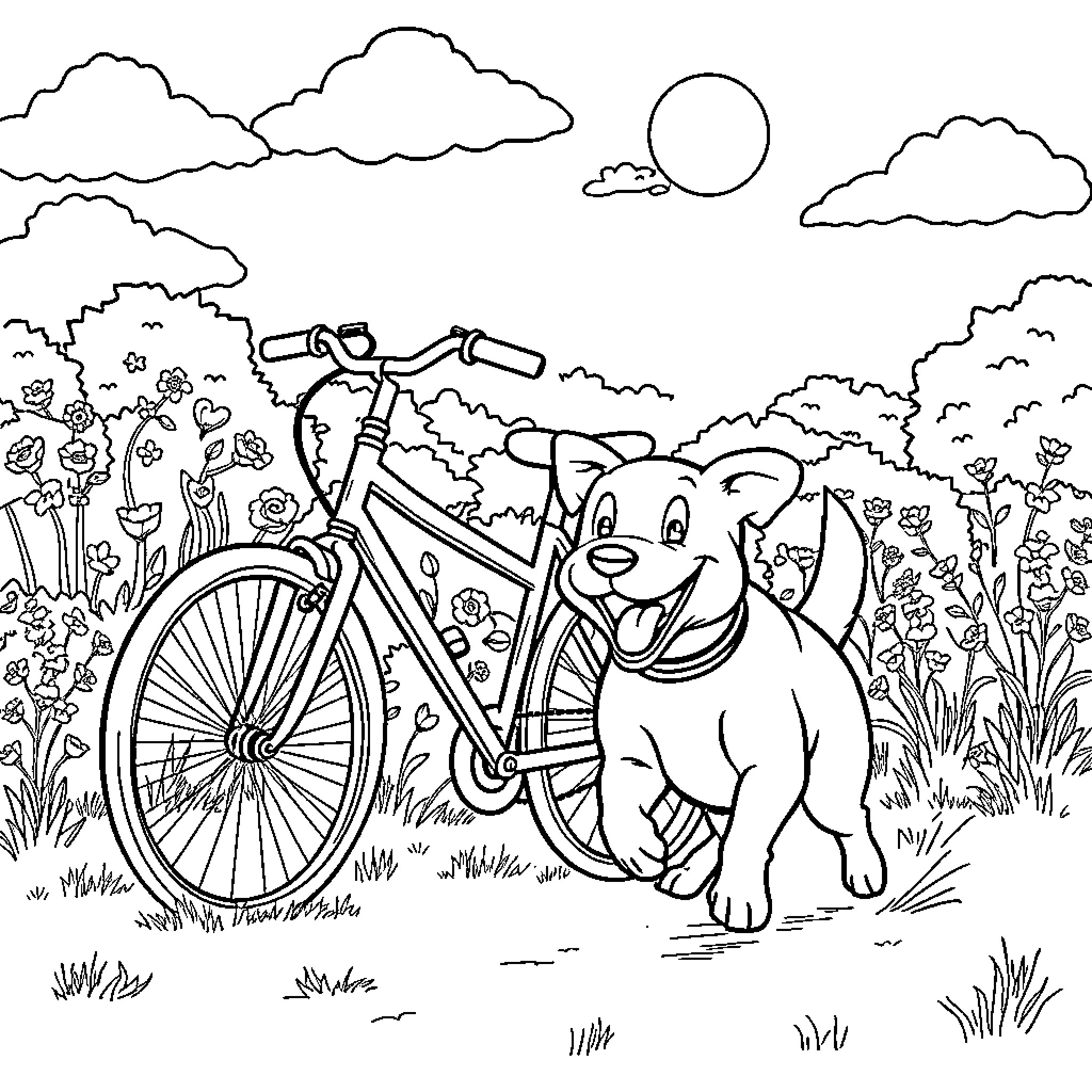 Dog playing with bicycle in nature scene Coloring Page (free black-and-white line drawing printable PDF for all, from beginners to advanced learners, including children, teens, adults, and seniors)