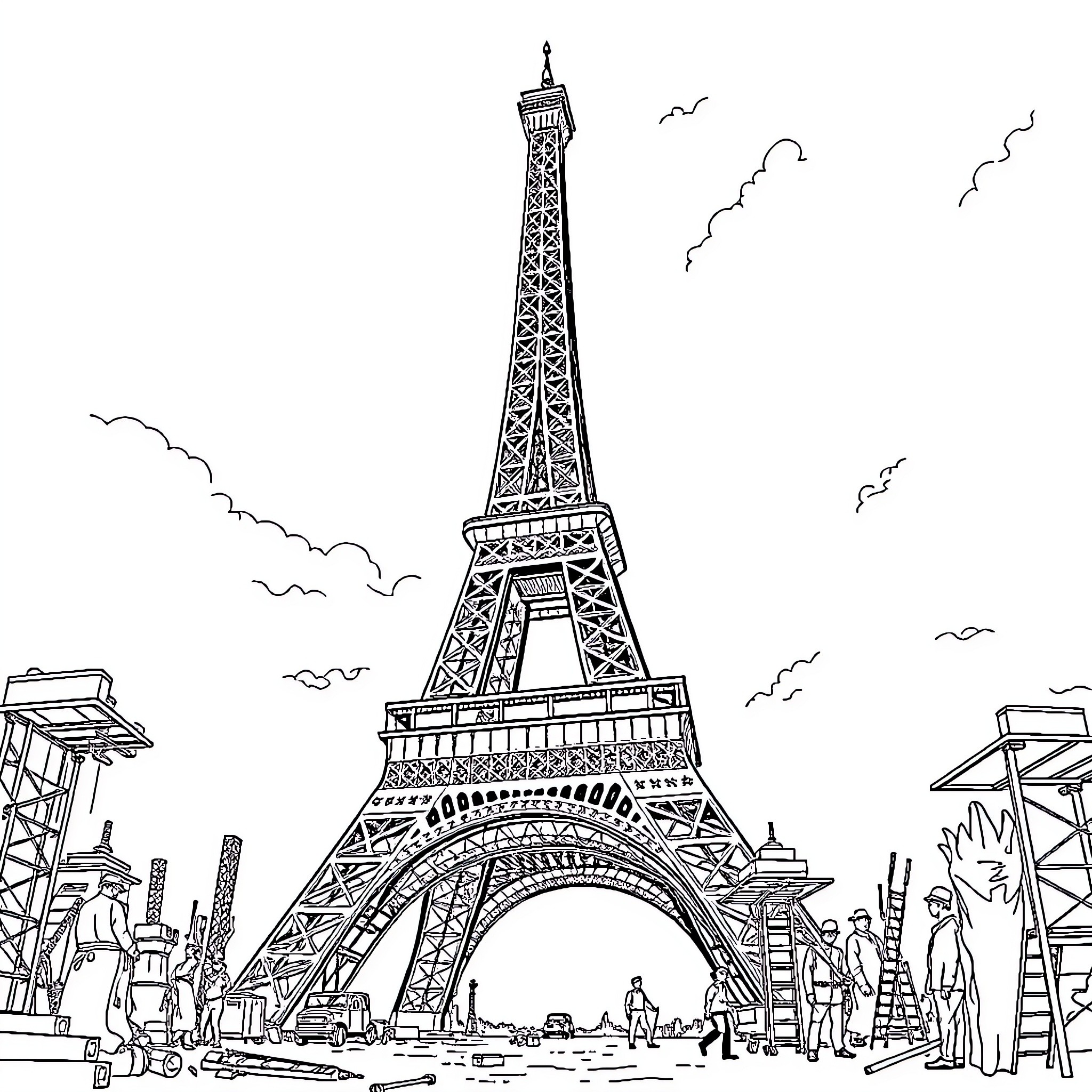 Eiffel Tower with People and Construction Coloring Page (free black-and-white line drawing printable PDF for all, from beginners to advanced learners, including children, teens, adults, and seniors)