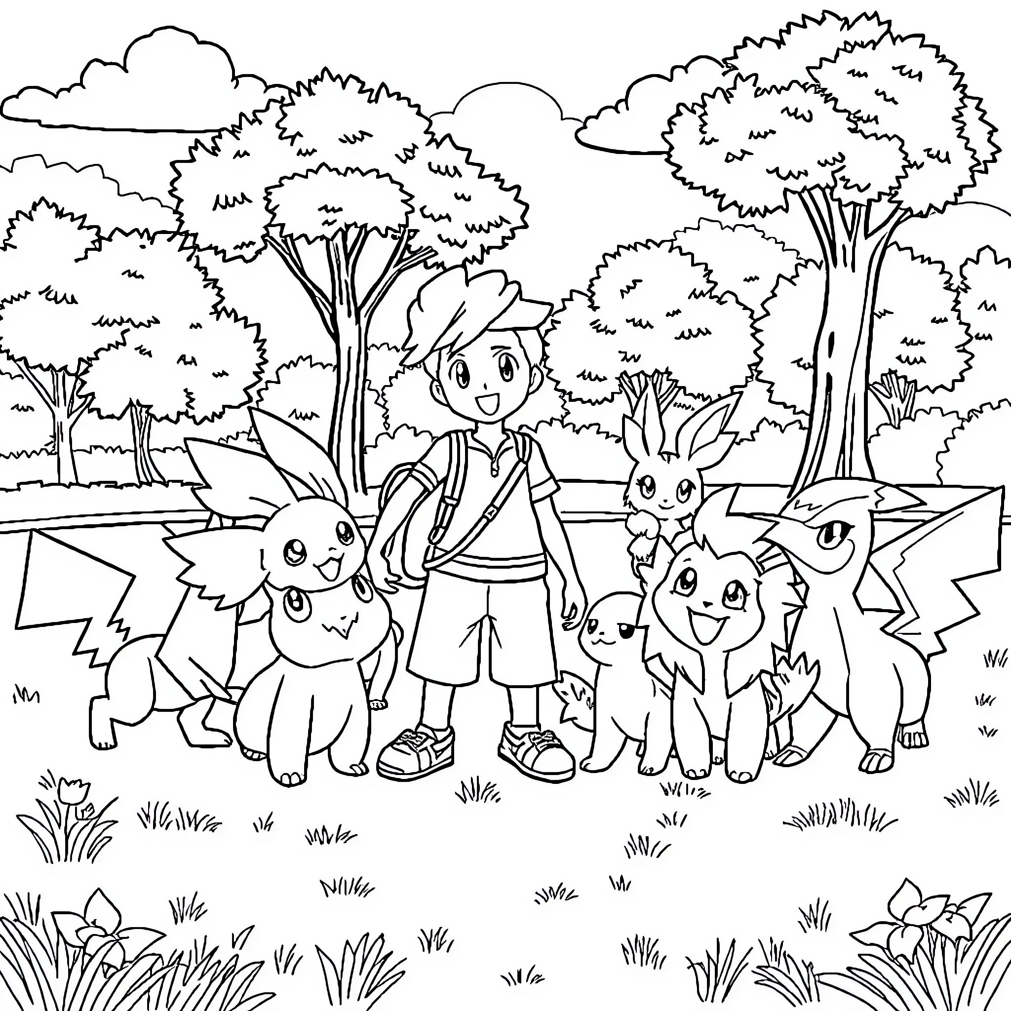 Pokémon Trainer and Friends Exploring the Forest Coloring Page (free black-and-white line drawing printable PDF for all, from beginners to advanced learners, including children, teens, adults, and seniors)