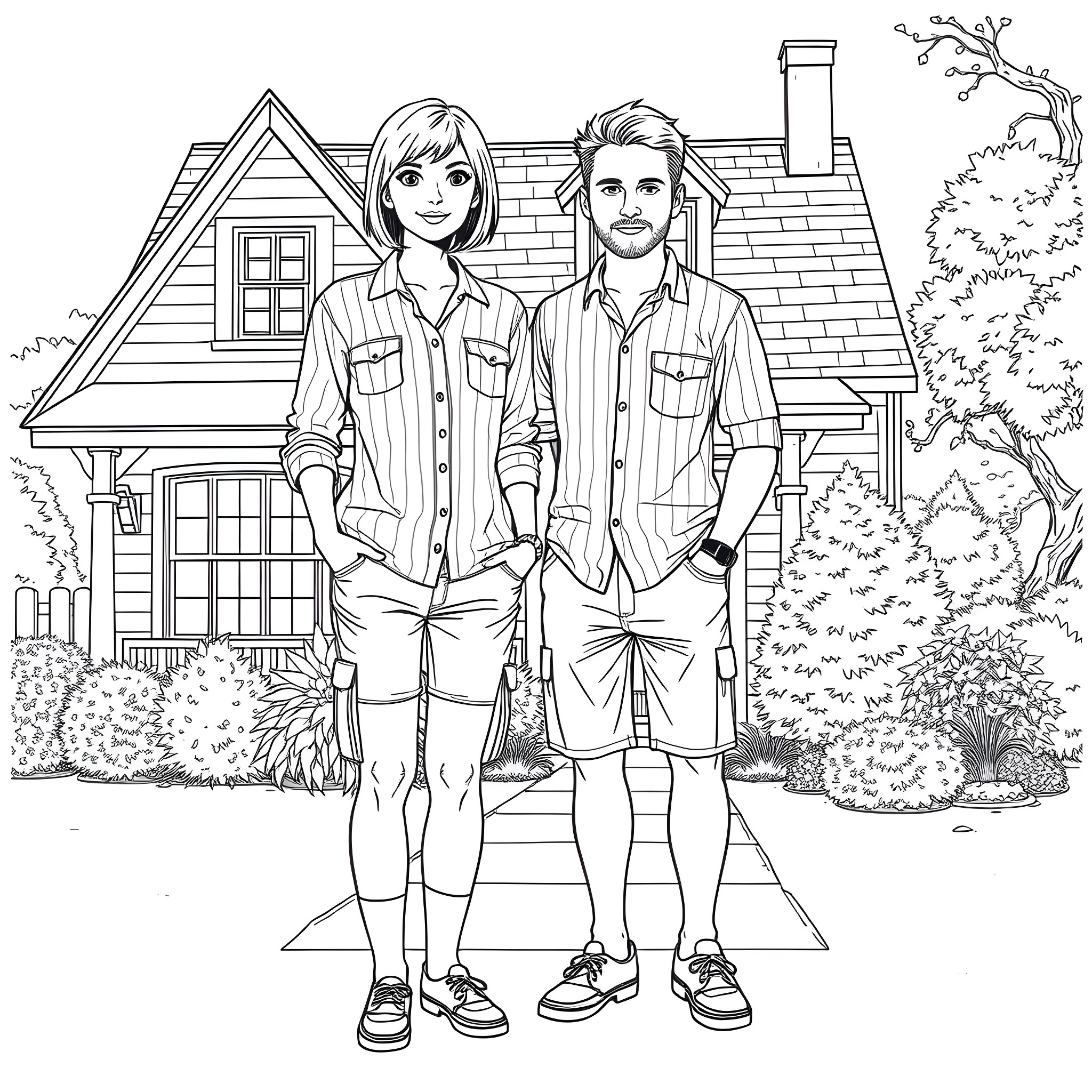 Woman and man standing in front of a house Coloring Page (free black-and-white line drawing printable PDF for all, from beginners to advanced learners, including children, teens, adults, and seniors)