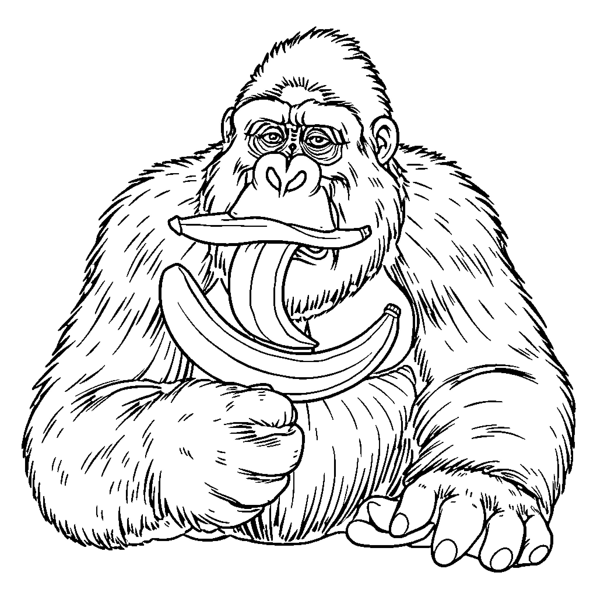Gorilla feasting on banana with gusto Coloring Page (free black-and-white line drawing printable PDF for all, from beginners to advanced learners, including children, teens, adults, and seniors)
