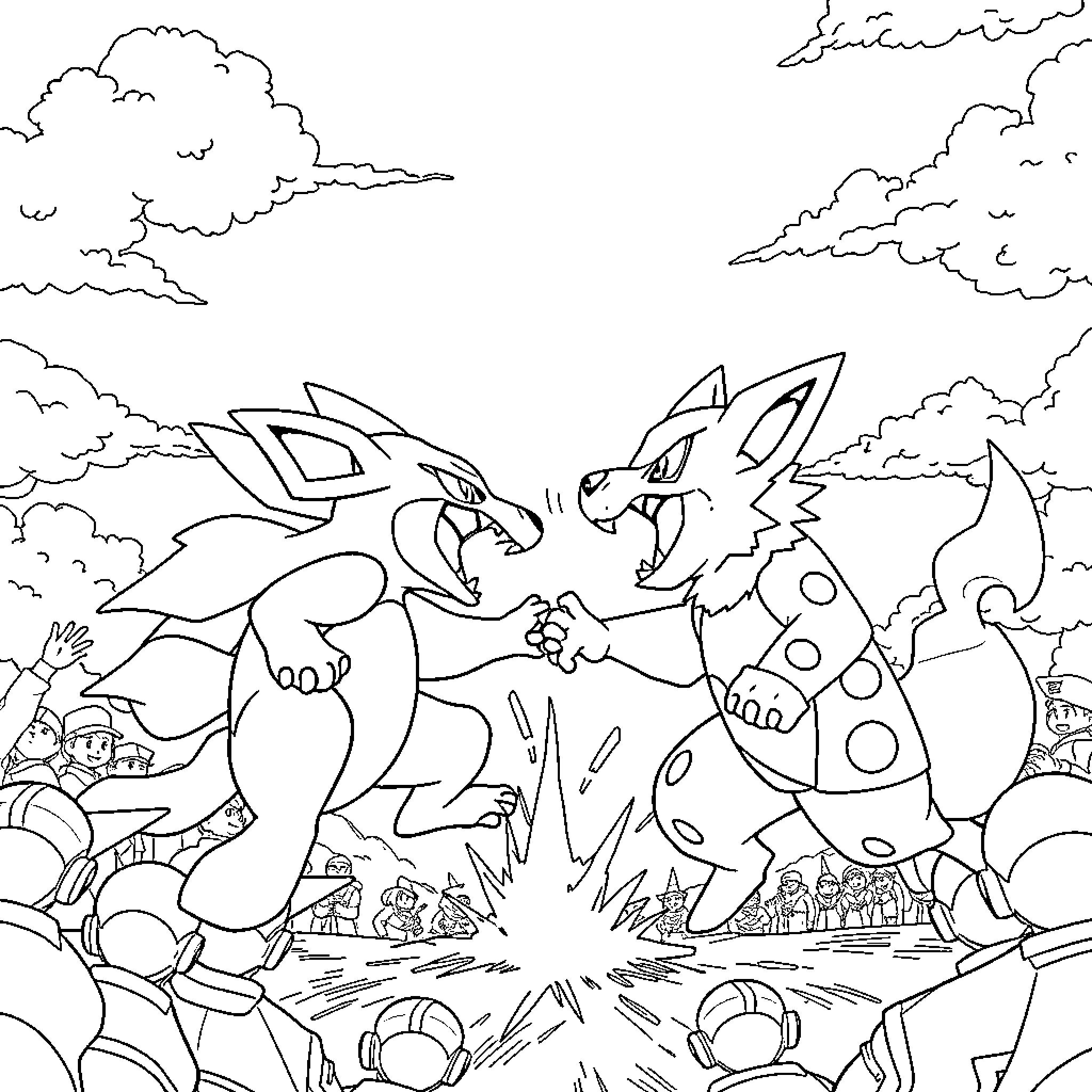 Pokémon characters engaged in a fierce battle Coloring Page (free black-and-white line drawing printable PDF for all, from beginners to advanced learners, including children, teens, adults, and seniors)