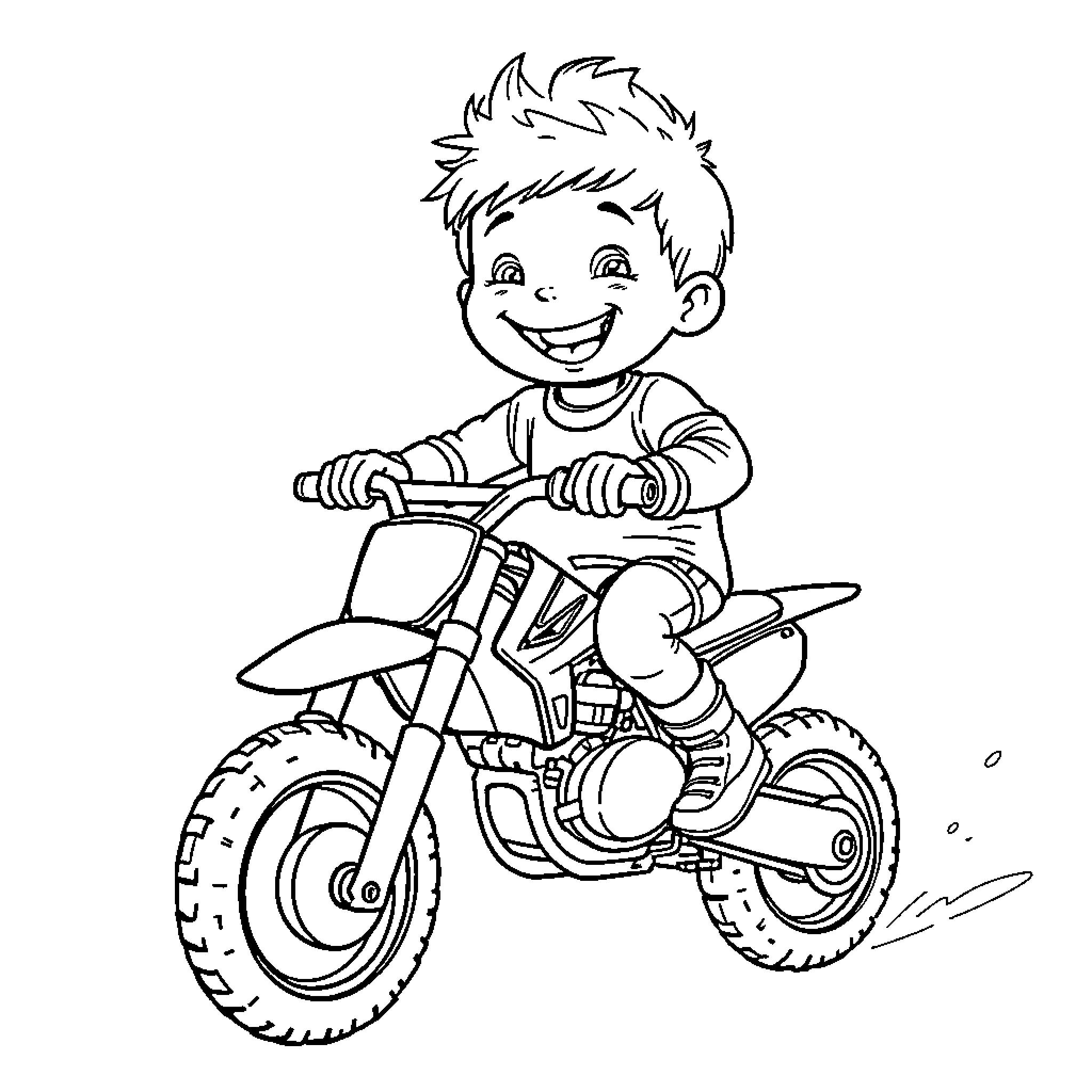 Child riding a dirt bike happily Coloring Page (free black-and-white line drawing printable PDF for all, from beginners to advanced learners, including children, teens, adults, and seniors)