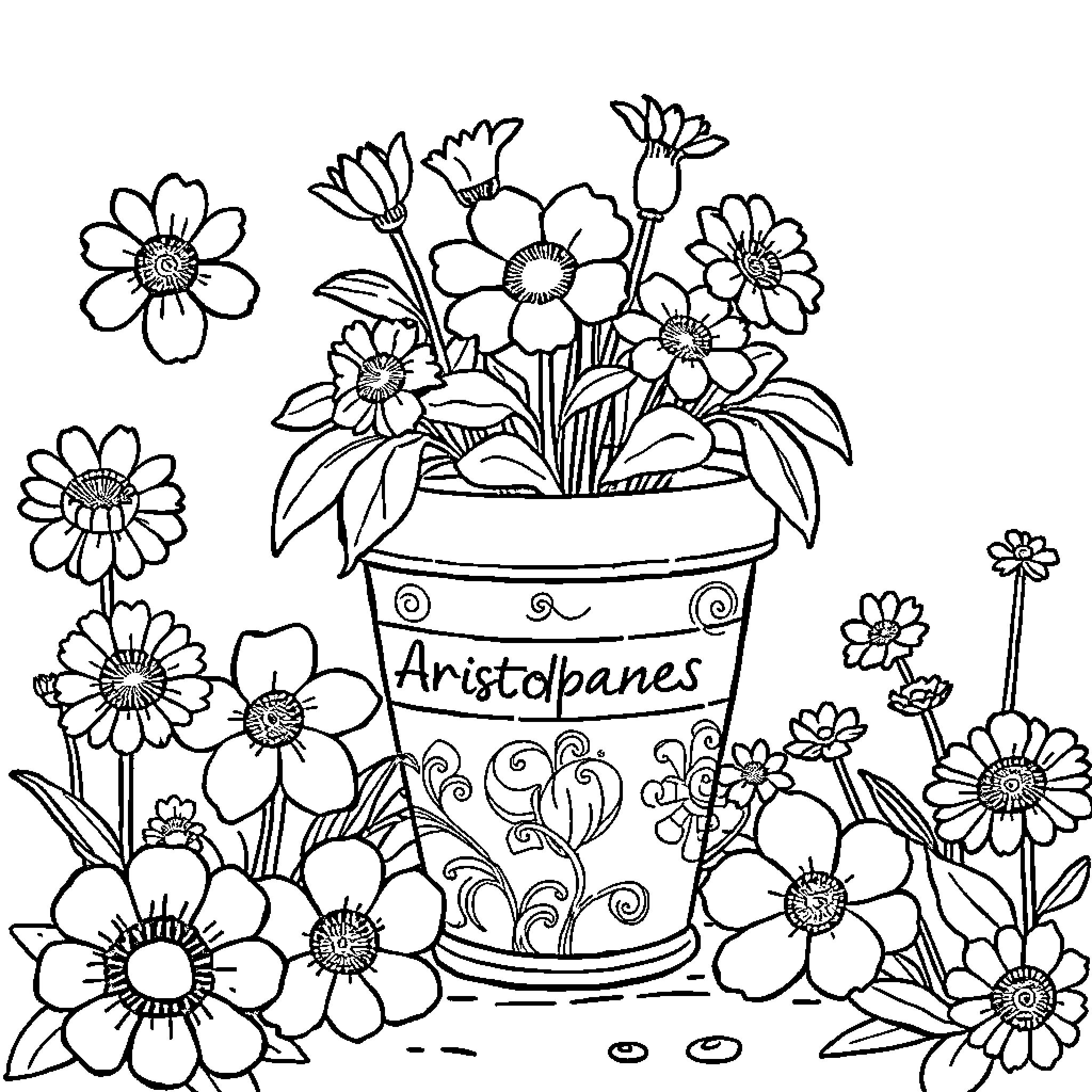 Flower Pot with Blooming Flowers Coloring Page (free black-and-white line drawing printable PDF for all, from beginners to advanced learners, including children, teens, adults, and seniors)