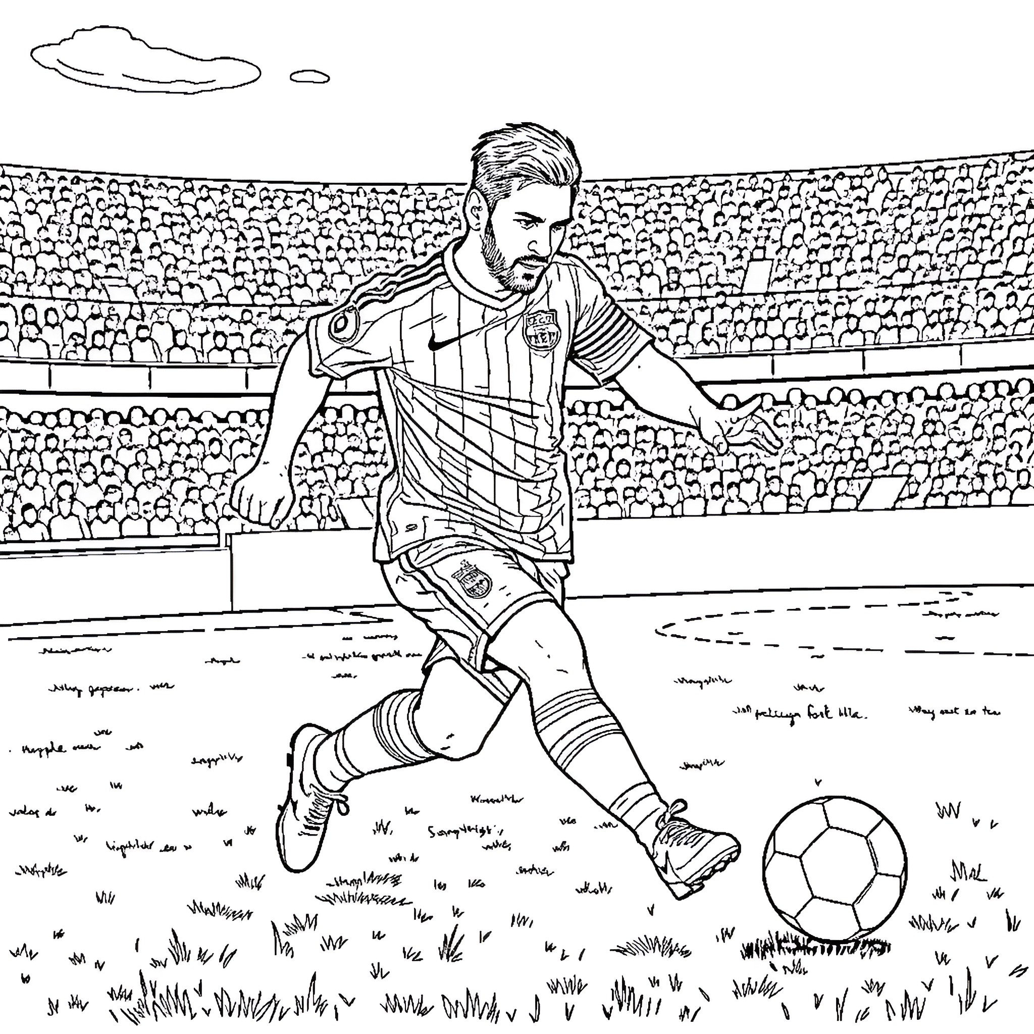 Leo Messi playing soccer in a stadium Coloring Page (free black-and-white line drawing printable PDF for all, from beginners to advanced learners, including children, teens, adults, and seniors)