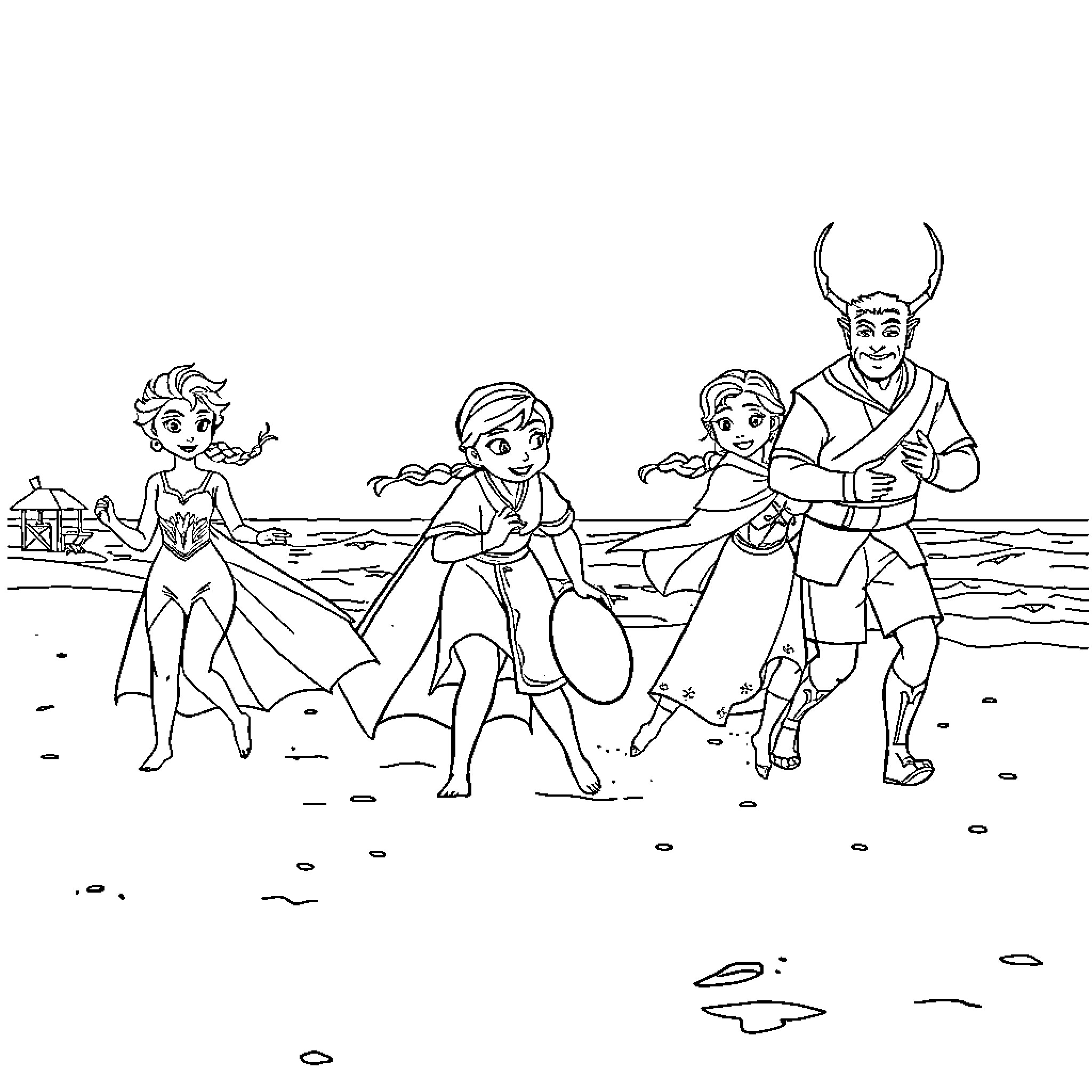 Elsa and her friends in an adventurous beach scene Coloring Page (free black-and-white line drawing printable PDF for all, from beginners to advanced learners, including children, teens, adults, and seniors)