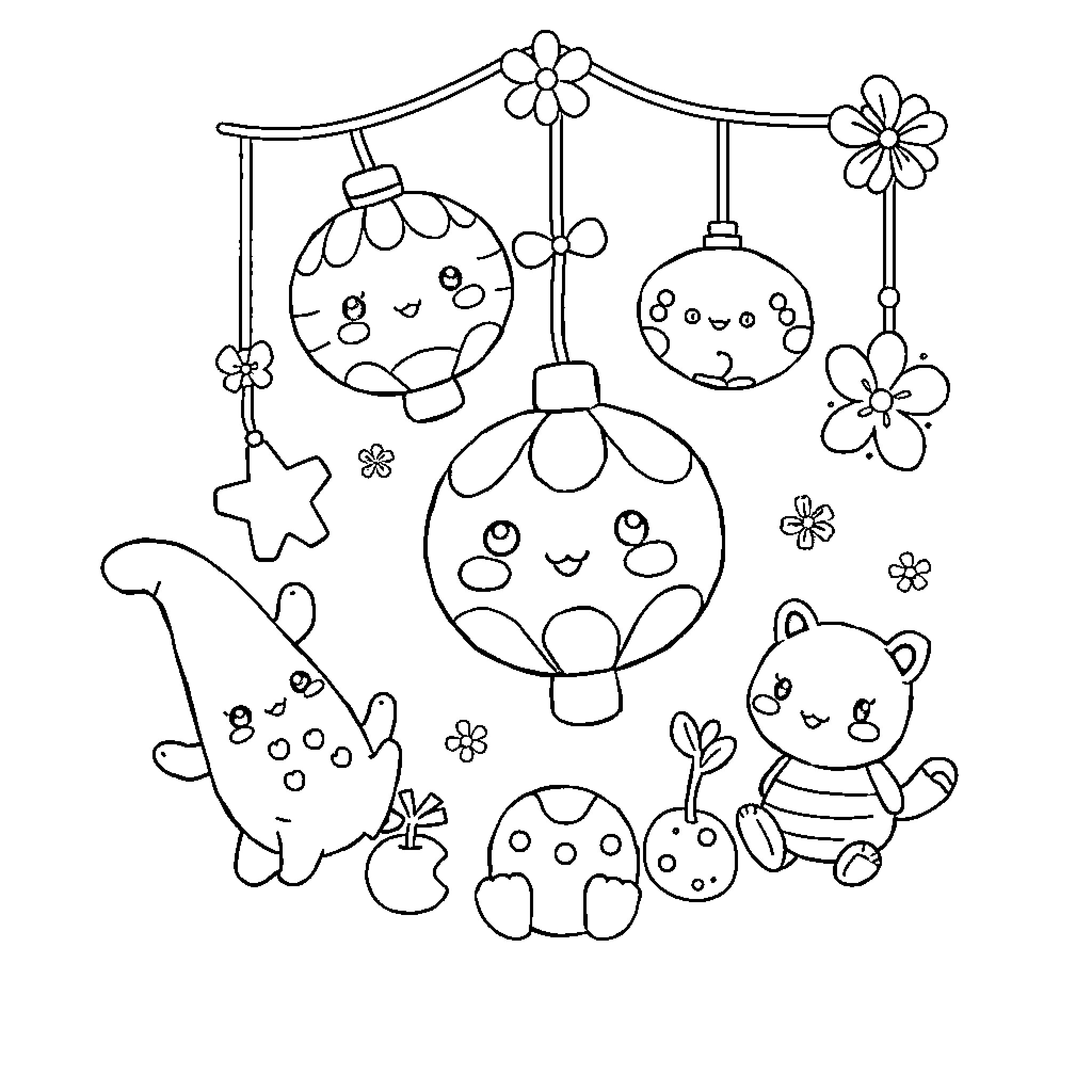 Kawai Ornaments and Plush Toys Hanging from Branches Coloring Page (free black-and-white line drawing printable PDF for all, from beginners to advanced learners, including children, teens, adults, and seniors)