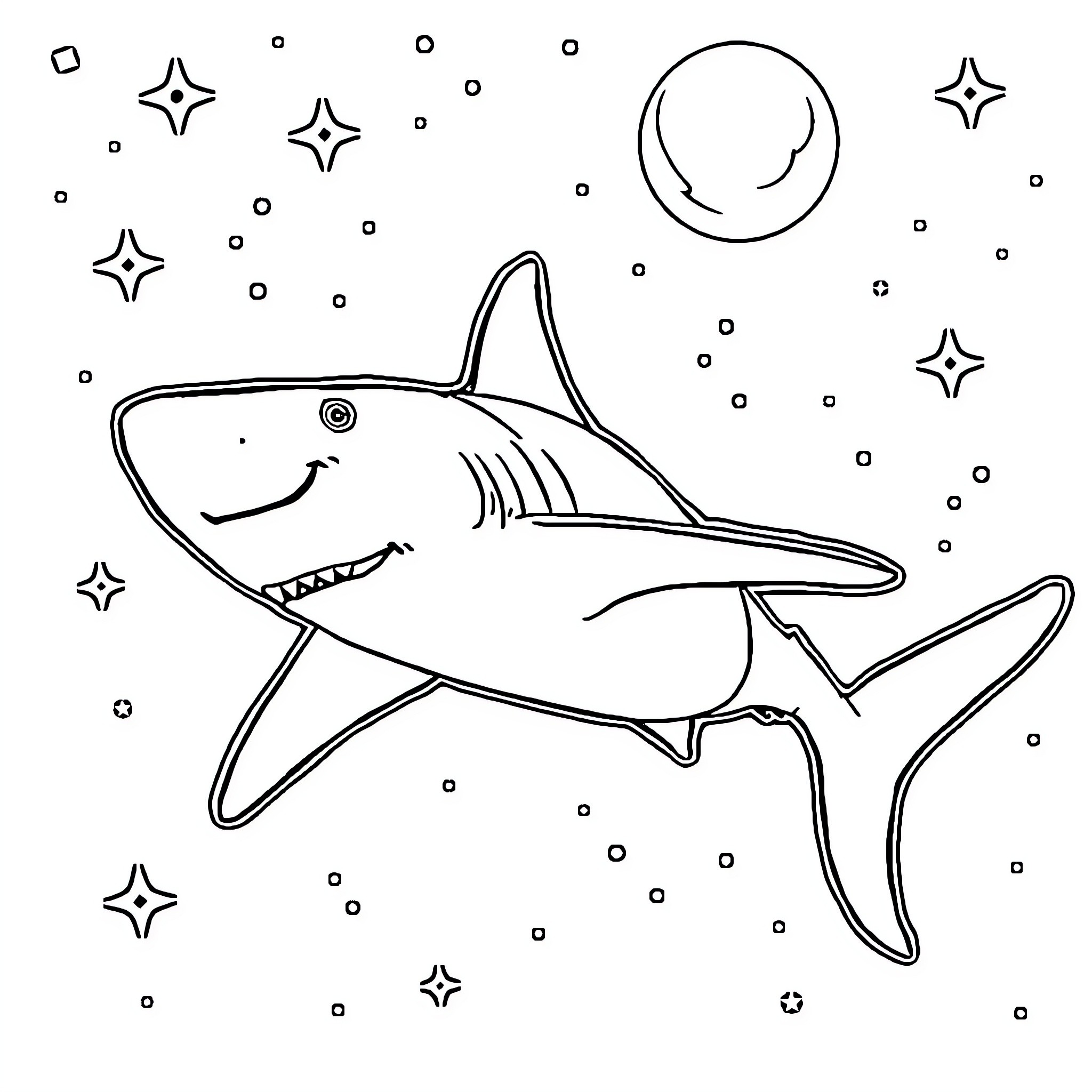 Shark swimming among stars and moon Coloring Page (free black-and-white line drawing printable PDF for all, from beginners to advanced learners, including children, teens, adults, and seniors)
