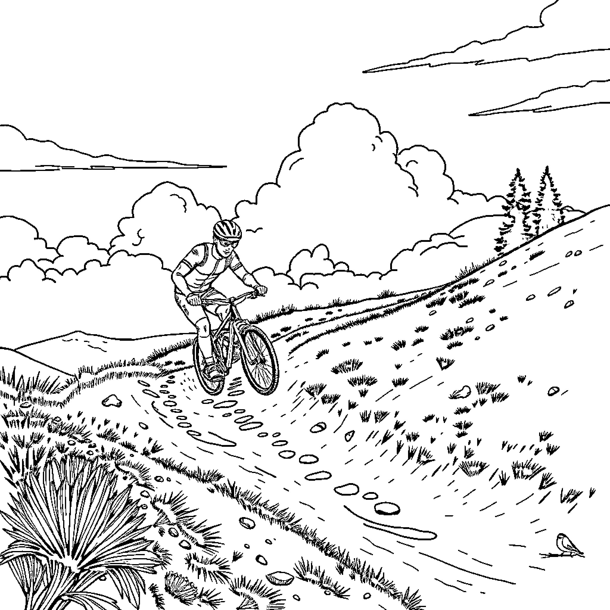 Mountain Bike Adventure in Scenic Landscape Coloring Page (free black-and-white line drawing printable PDF for all, from beginners to advanced learners, including children, teens, adults, and seniors)