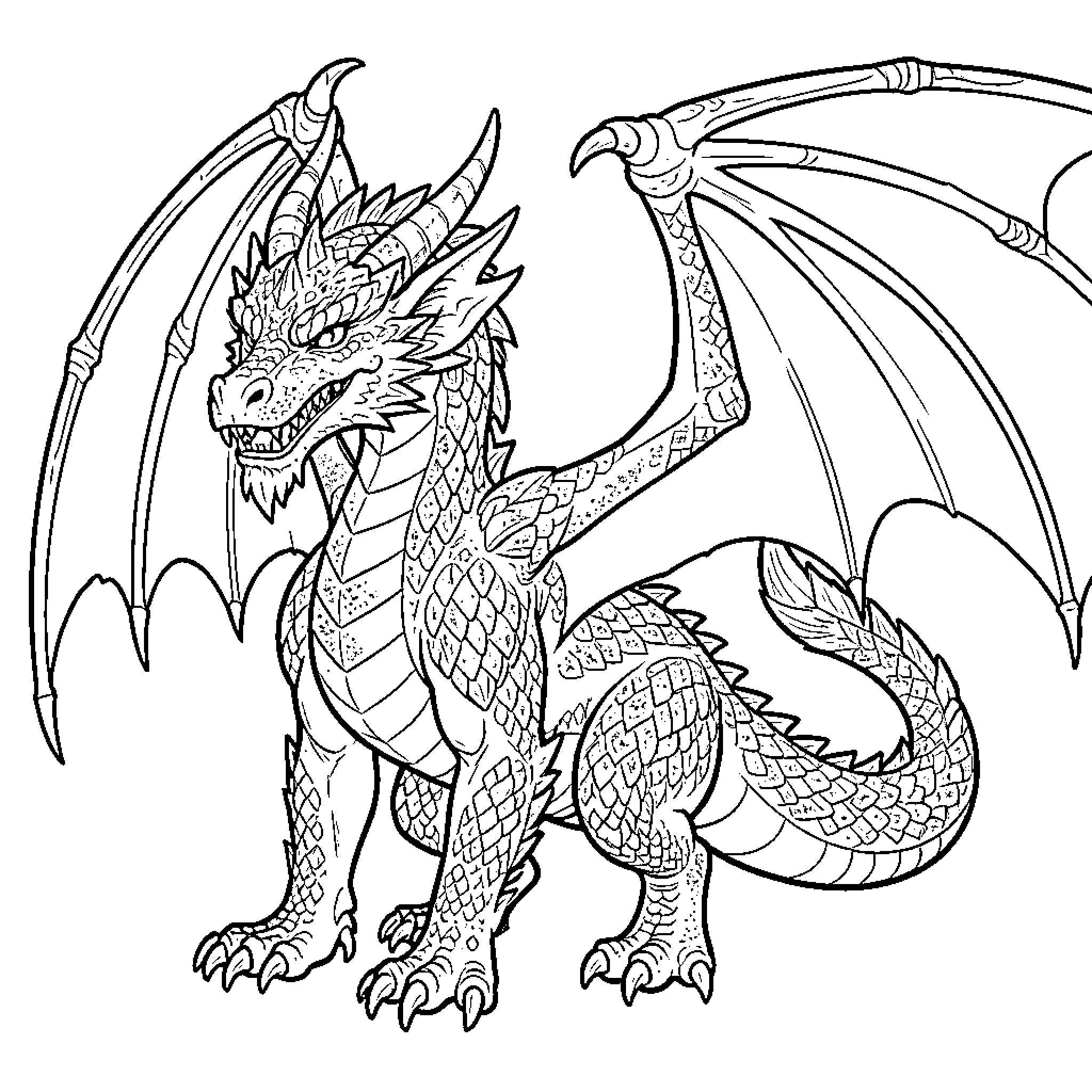 Dragon with intricate wings and scales in flight Coloring Page (free black-and-white line drawing printable PDF for all, from beginners to advanced learners, including children, teens, adults, and seniors)