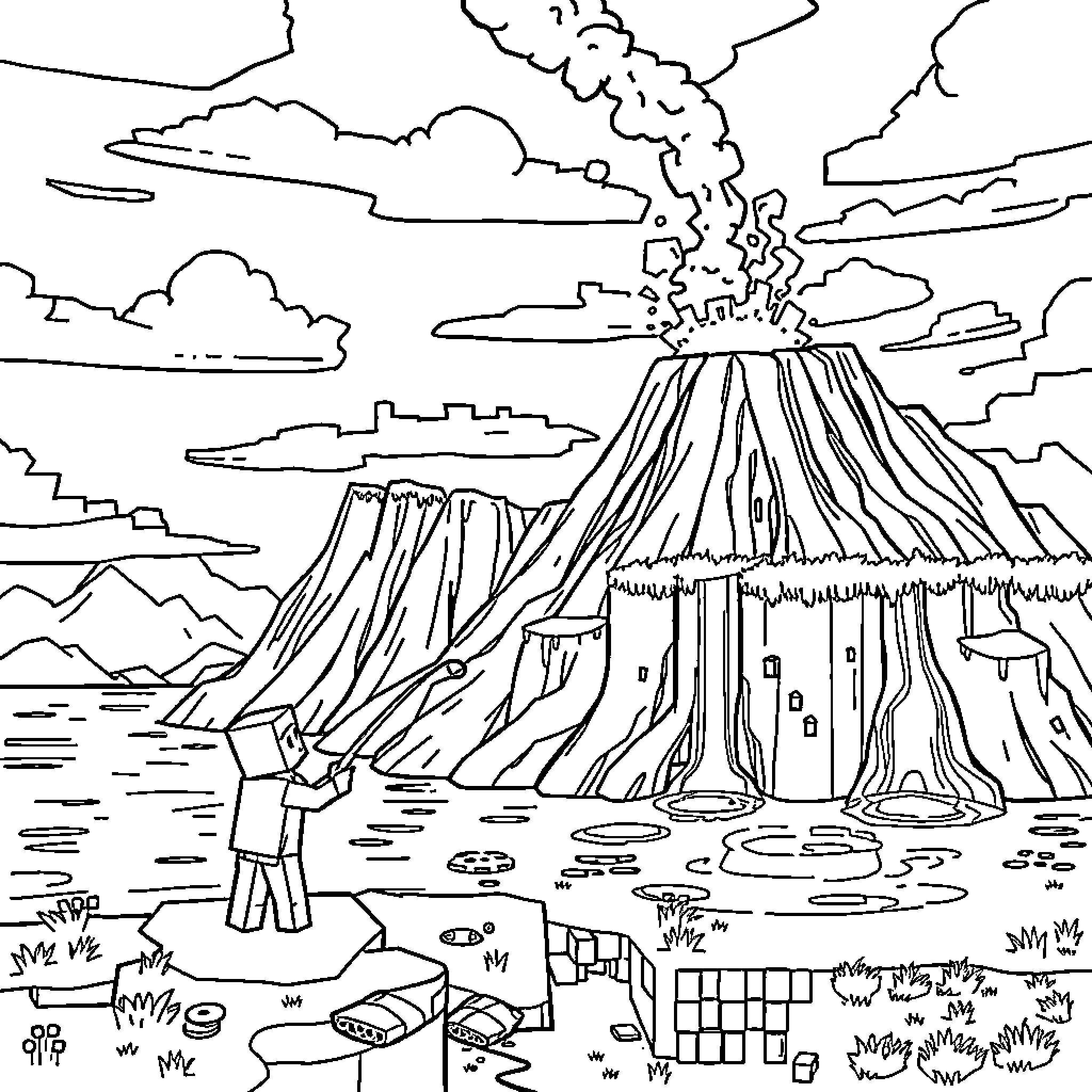 Man exploring the erupting volcano and its surroundings Coloring Page (free black-and-white line drawing printable PDF for all, from beginners to advanced learners, including children, teens, adults, and seniors)