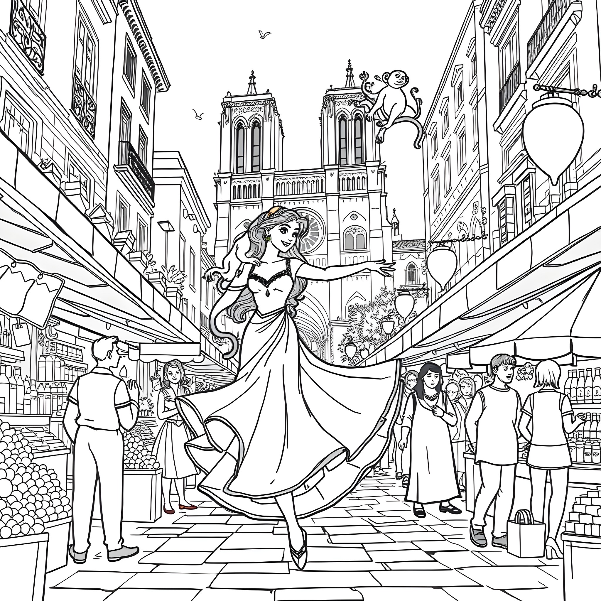 Esmeralda's Enchanting Parisian Adventure Coloring Page (free black-and-white line drawing printable PDF for all, from beginners to advanced learners, including children, teens, adults, and seniors)