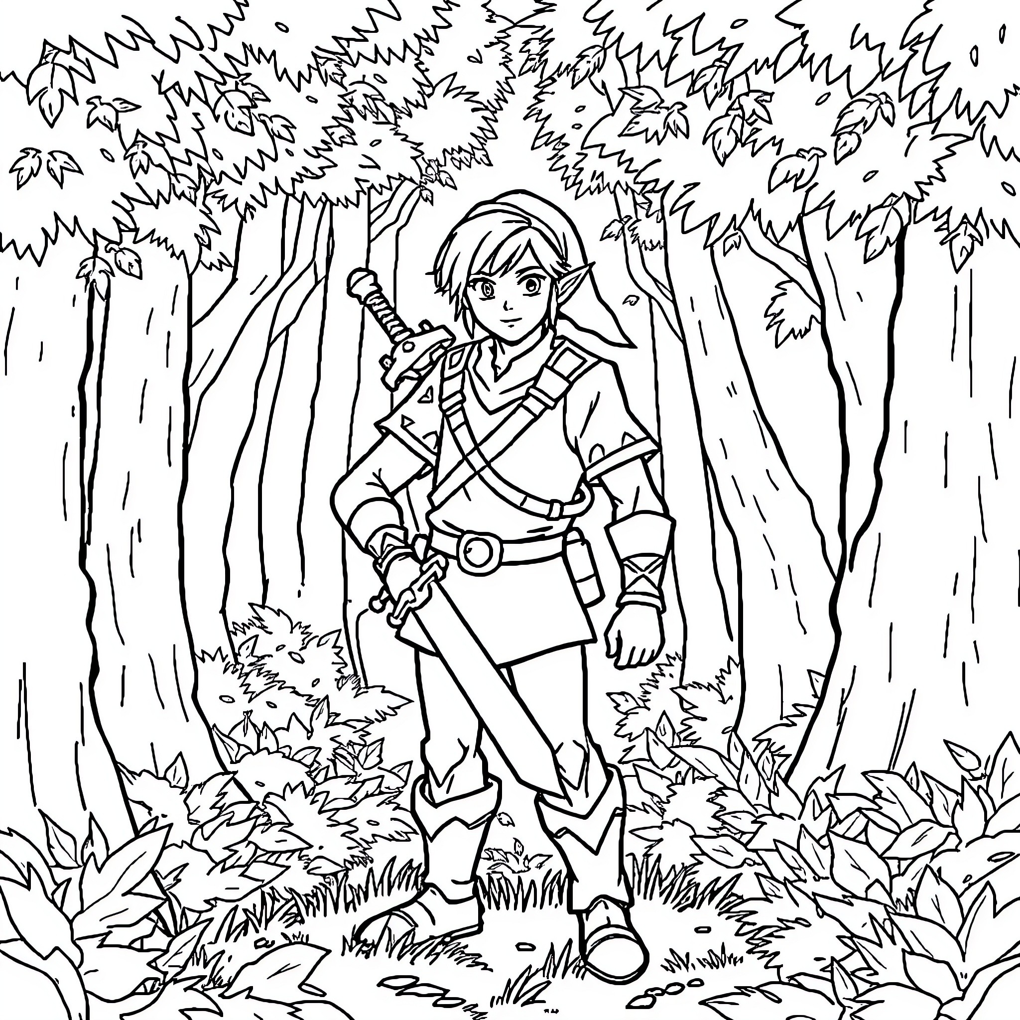 Link exploring the enchanted forest Coloring Page (free black-and-white line drawing printable PDF for all, from beginners to advanced learners, including children, teens, adults, and seniors)