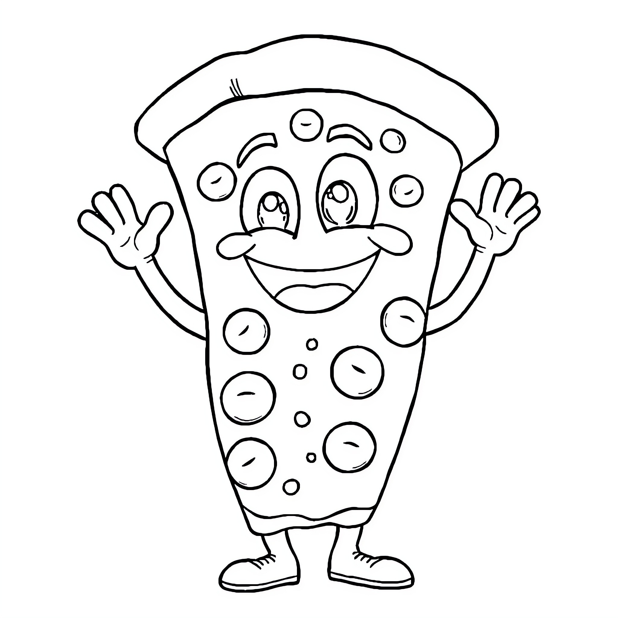 Pizza character making a happy expression Coloring Page (free black-and-white line drawing printable PDF for all, from beginners to advanced learners, including children, teens, adults, and seniors)